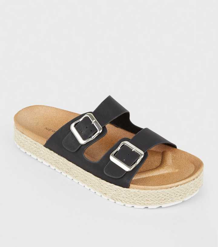 Black Espadrille Flatform Footbed Sliders