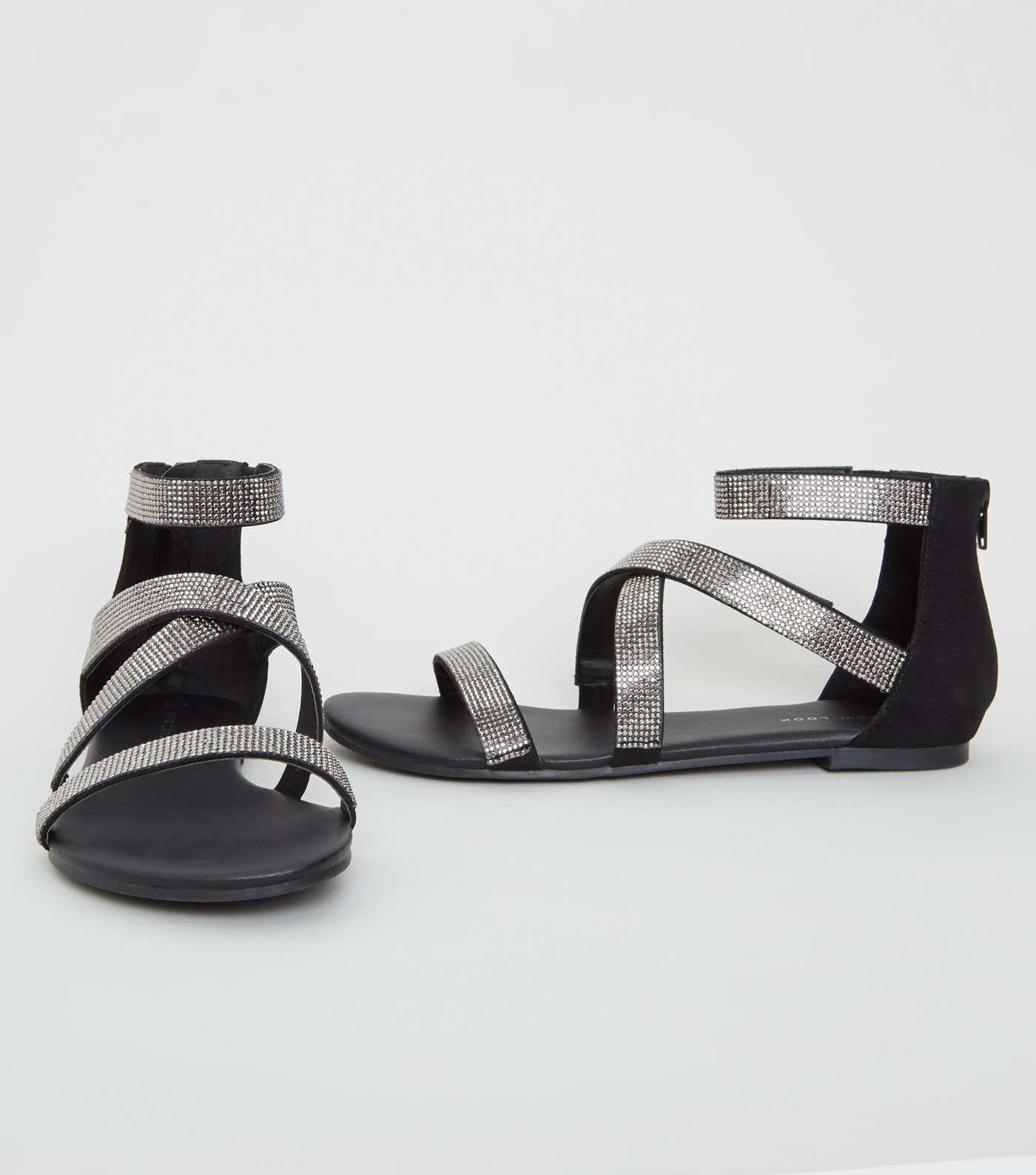 Black Diamanté Cross Strap Flat Sandals Image 4