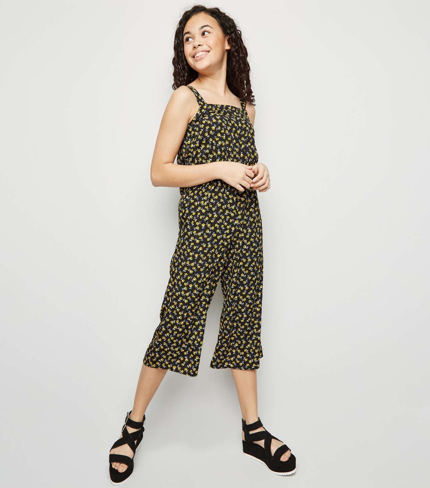 Girls Yellow Floral Square Neck Jumpsuit 