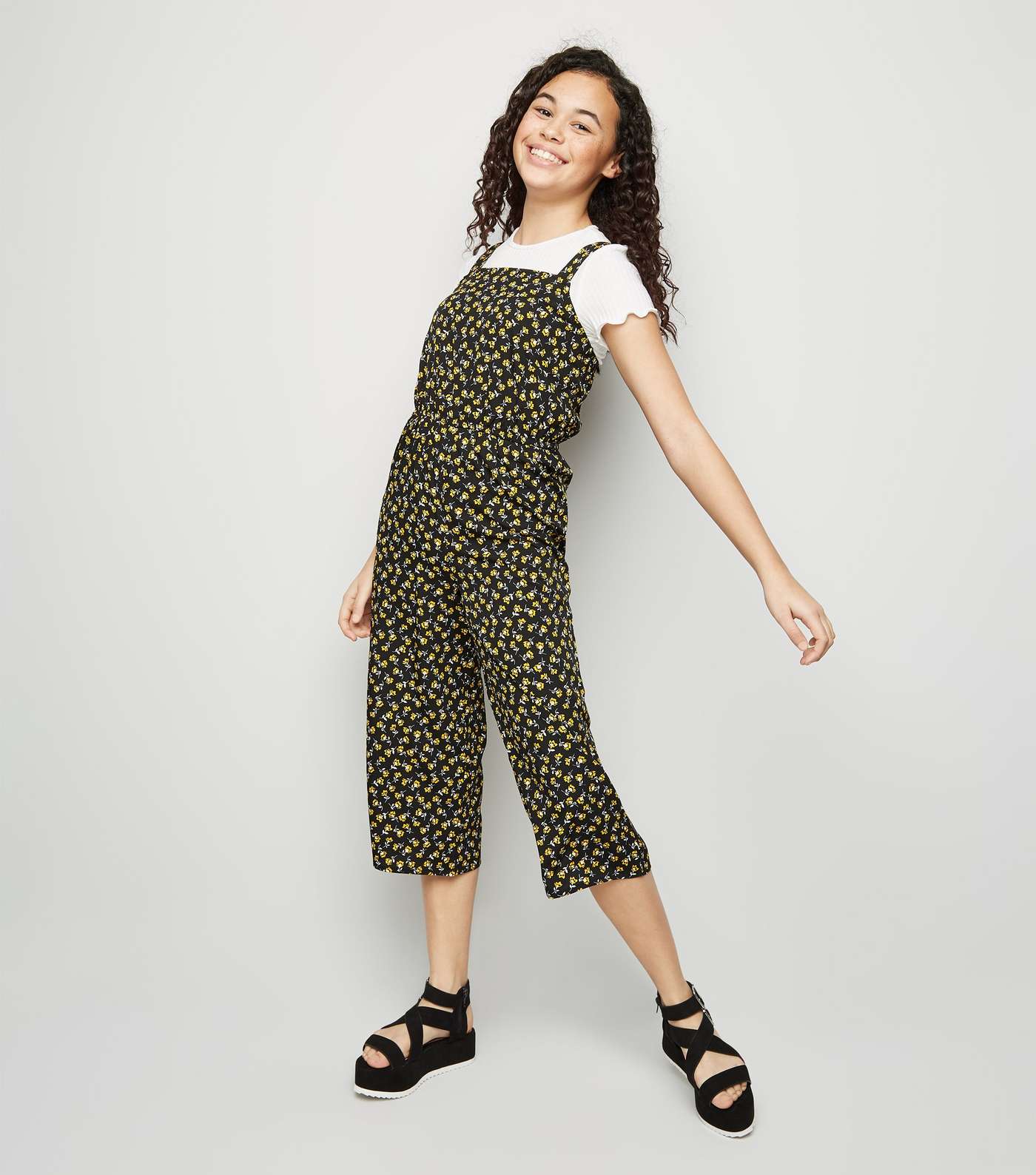 Girls Yellow Floral Square Neck Jumpsuit  Image 5
