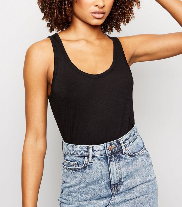 Black Scoop Neck Slub Vest Top New Look