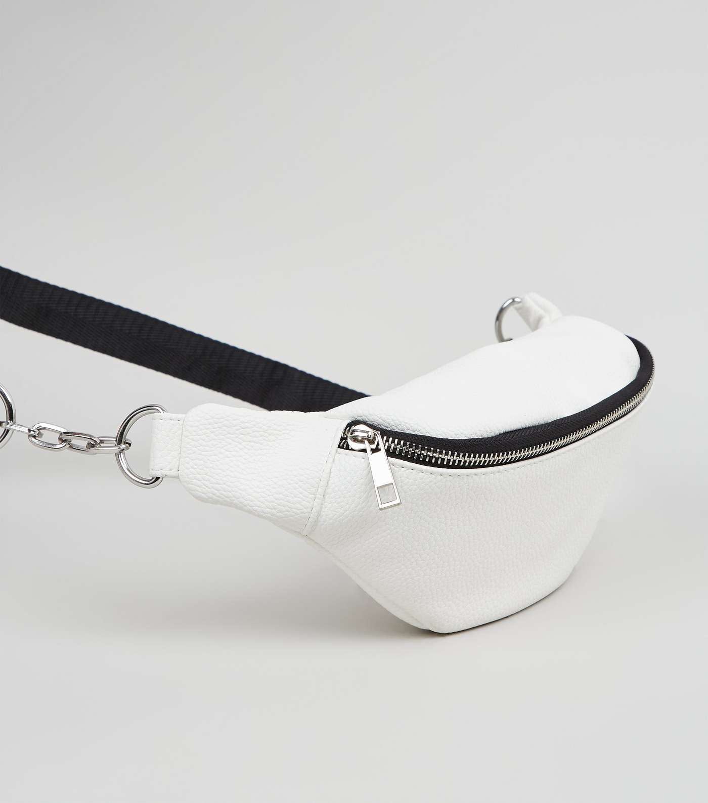 White Leather-Look Chain Strap Utility Bum Bag Image 3