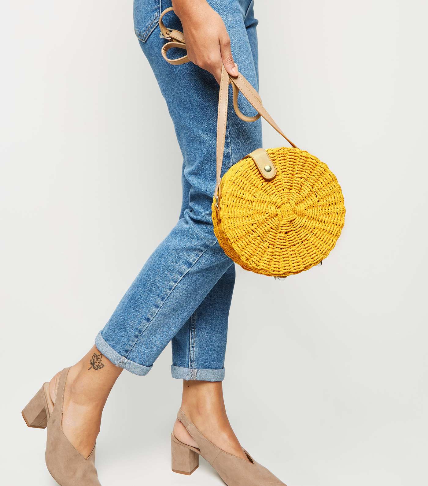 Yellow Straw Effect Woven Round Bag Image 2