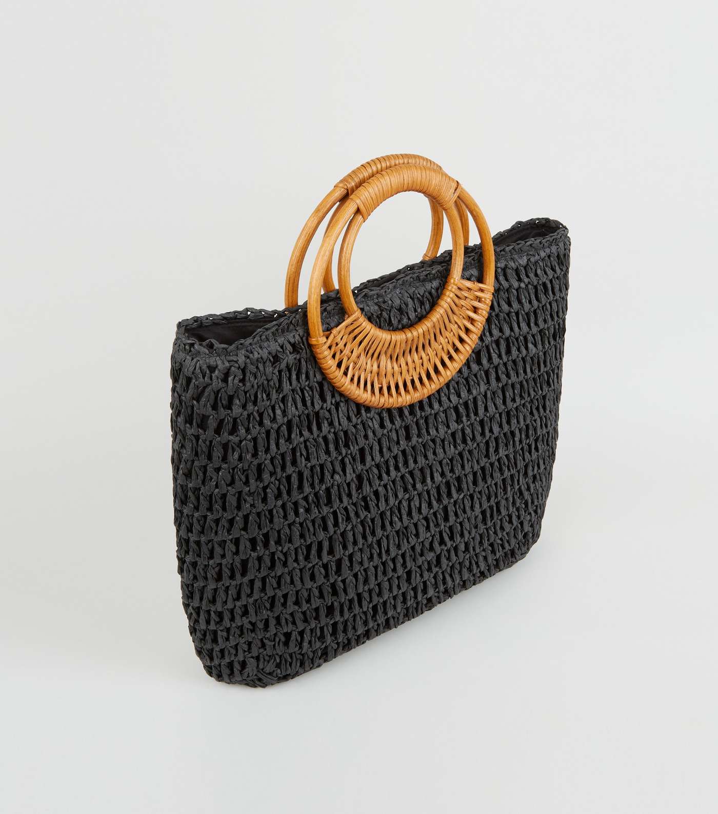 Black Straw Effect Woven Handle Tote Bag Image 4
