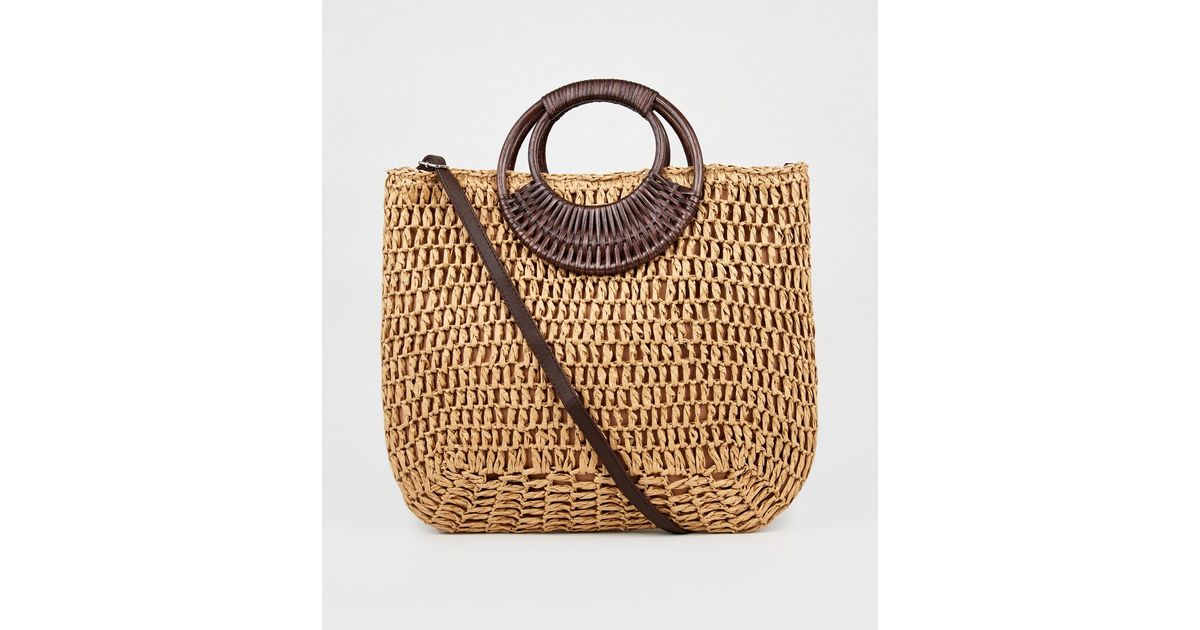 Stone Straw Effect Woven Handle Tote Bag | New Look