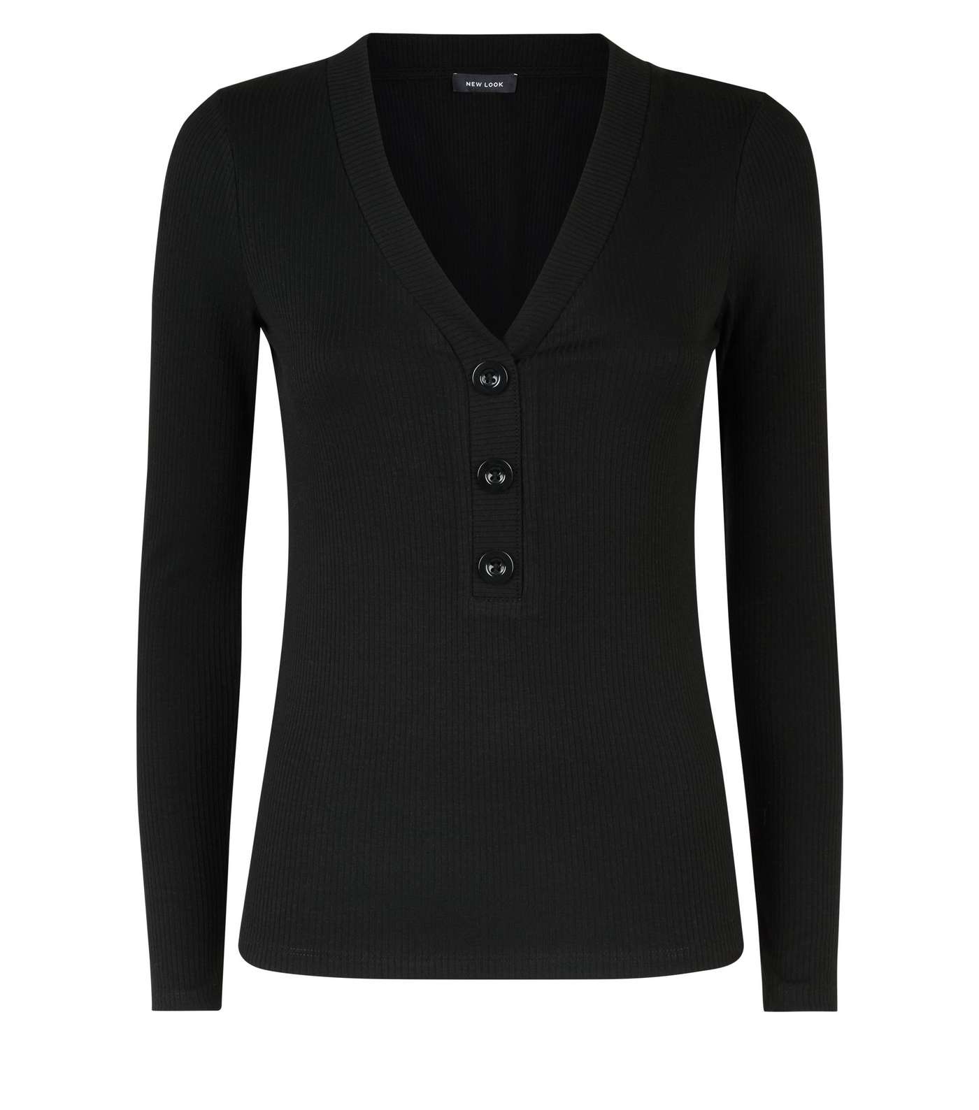 Black Button Front Ribbed Long Sleeve Top Image 4