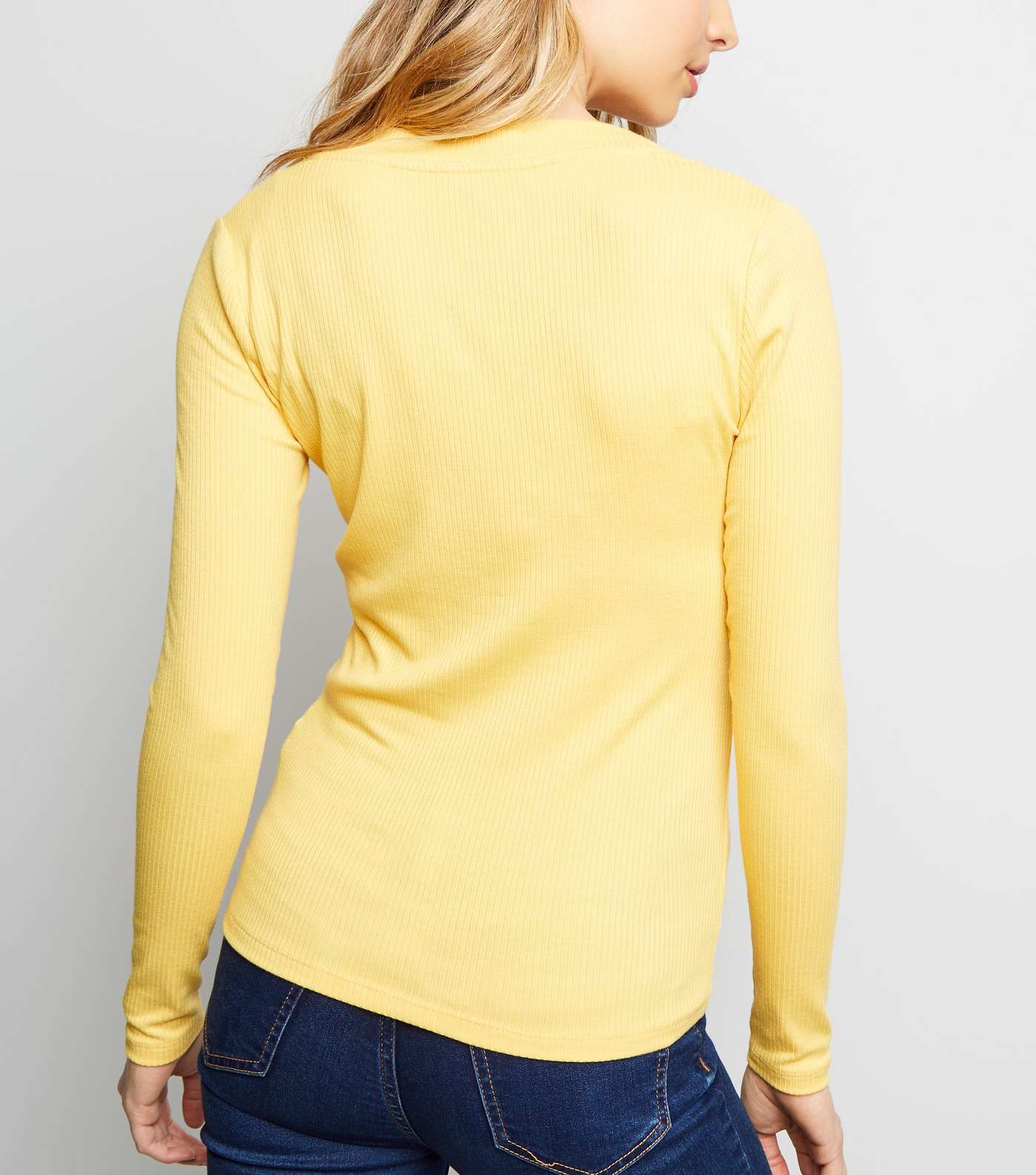 Pale Yellow Button Front Ribbed Long Sleeve Top  Image 3
