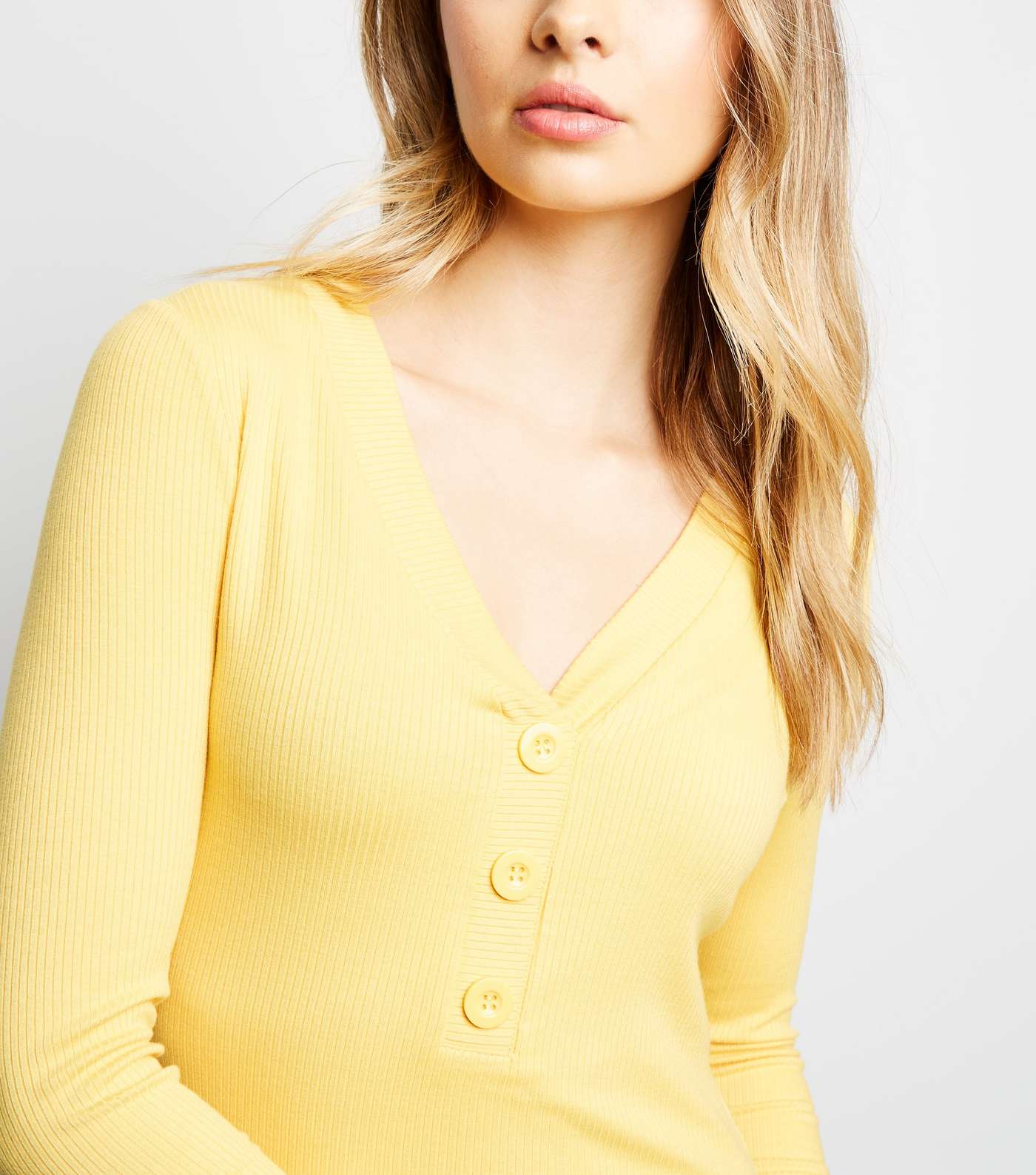 Pale Yellow Button Front Ribbed Long Sleeve Top  Image 5