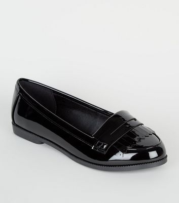 Wide Fit Black Patent Spot Lined Loafers | New Look