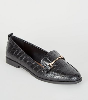 Black Faux Croc Pointed Loafers | New Look