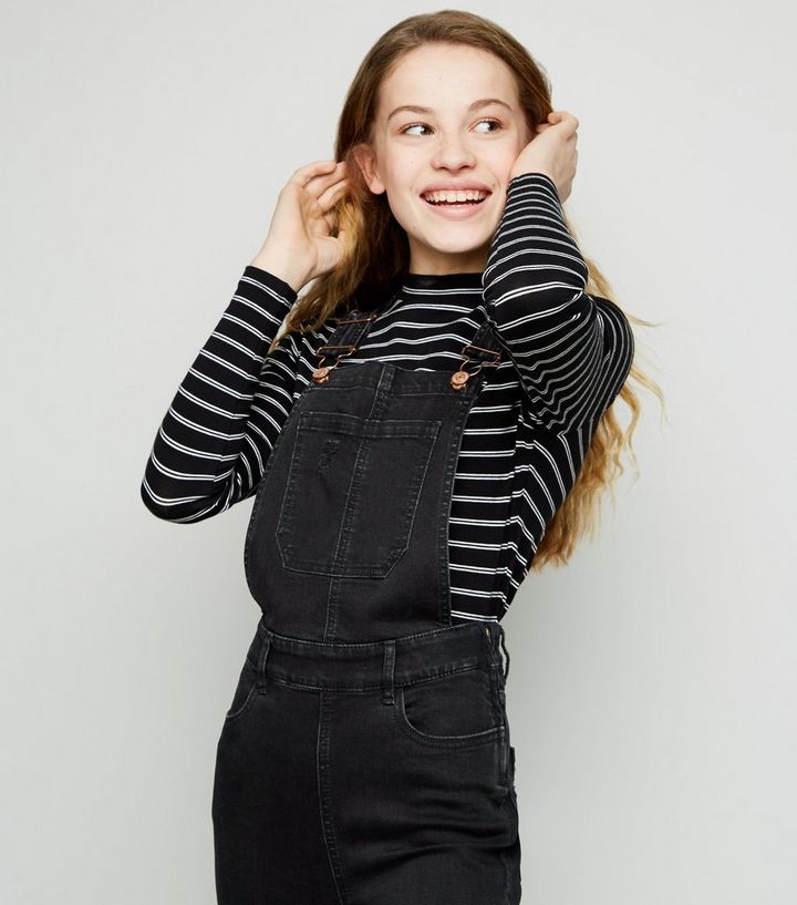 Girls Black Ripped Denim Dungarees New Look