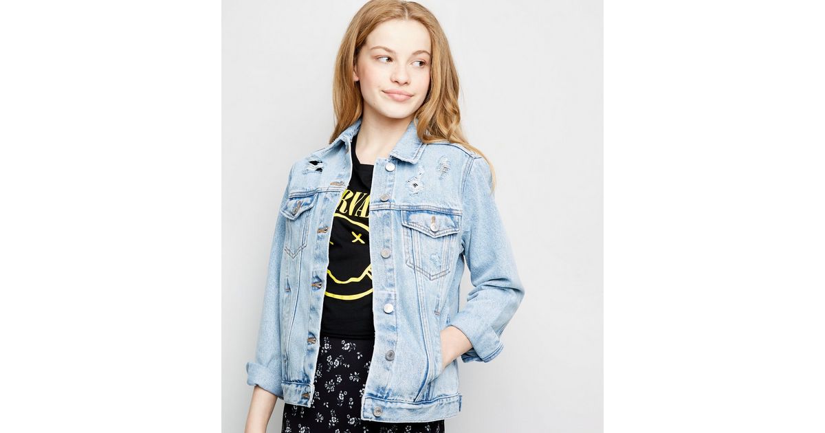 Girls Blue Ripped Oversized Denim Jacket New Look