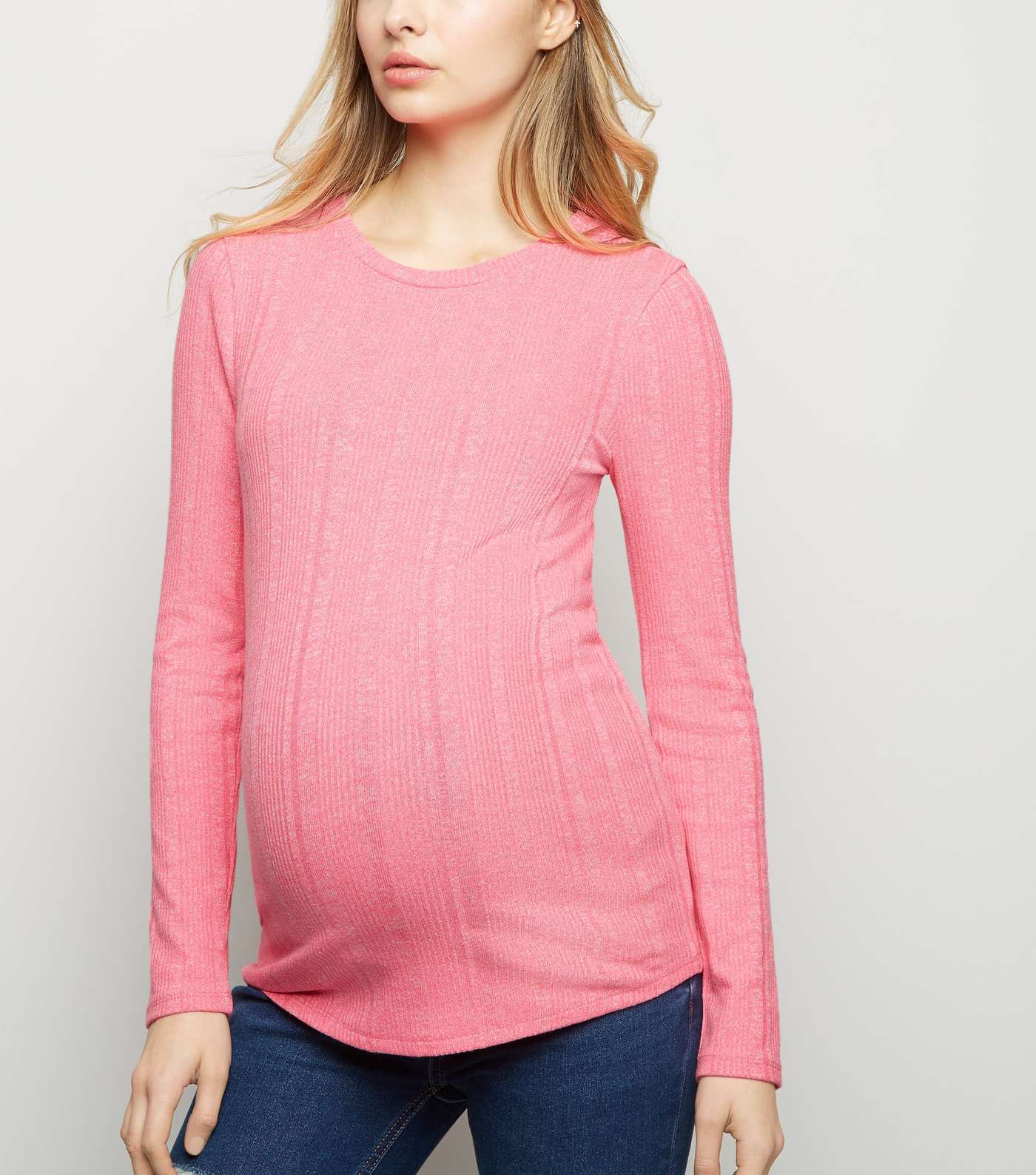 Maternity Pink Neon Marl Ribbed Crew Neck Top