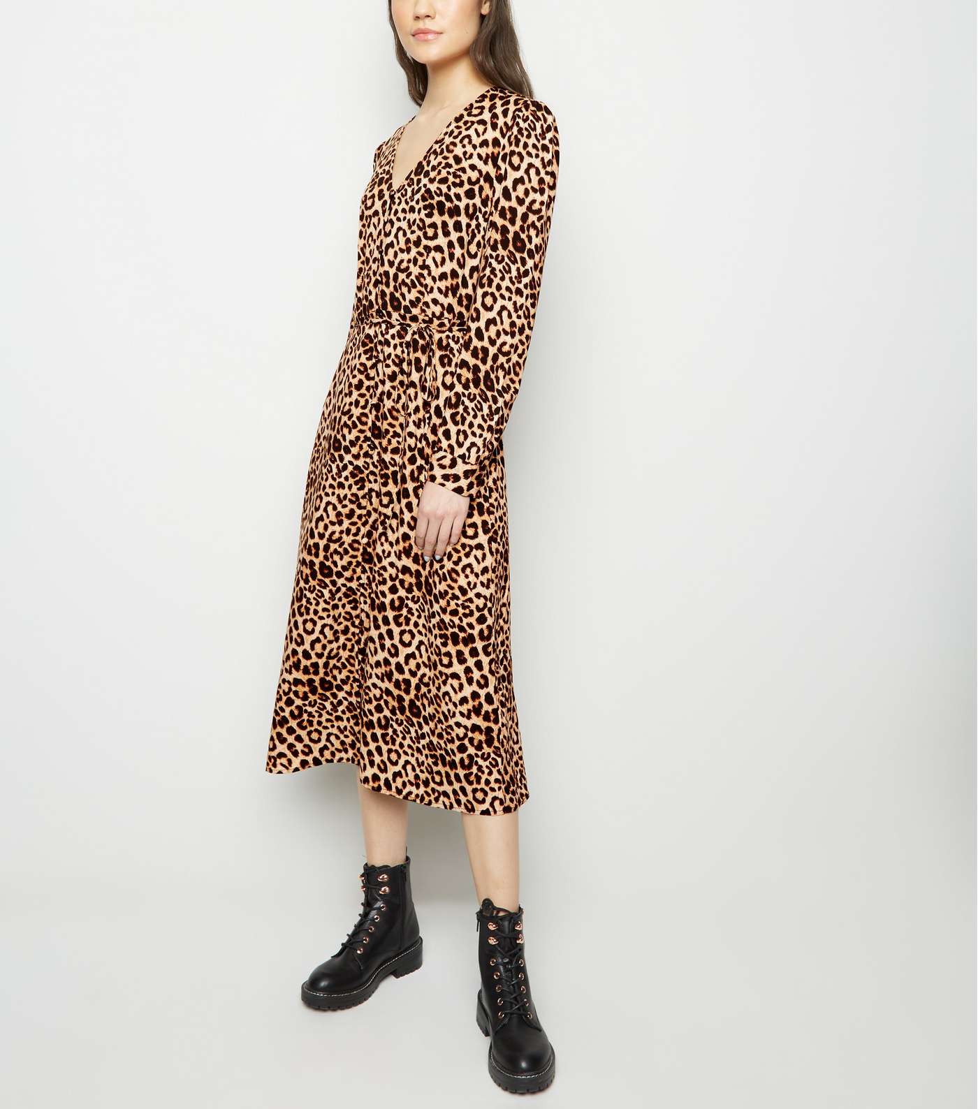 Brown Leopard Print Long Sleeve Midi Dress 