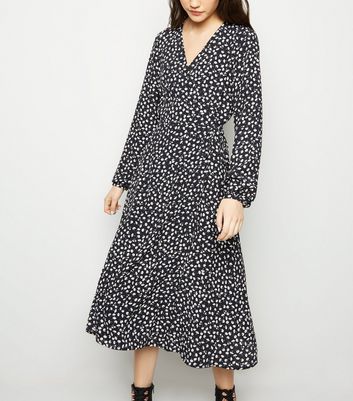 black floral long sleeve wrap dress