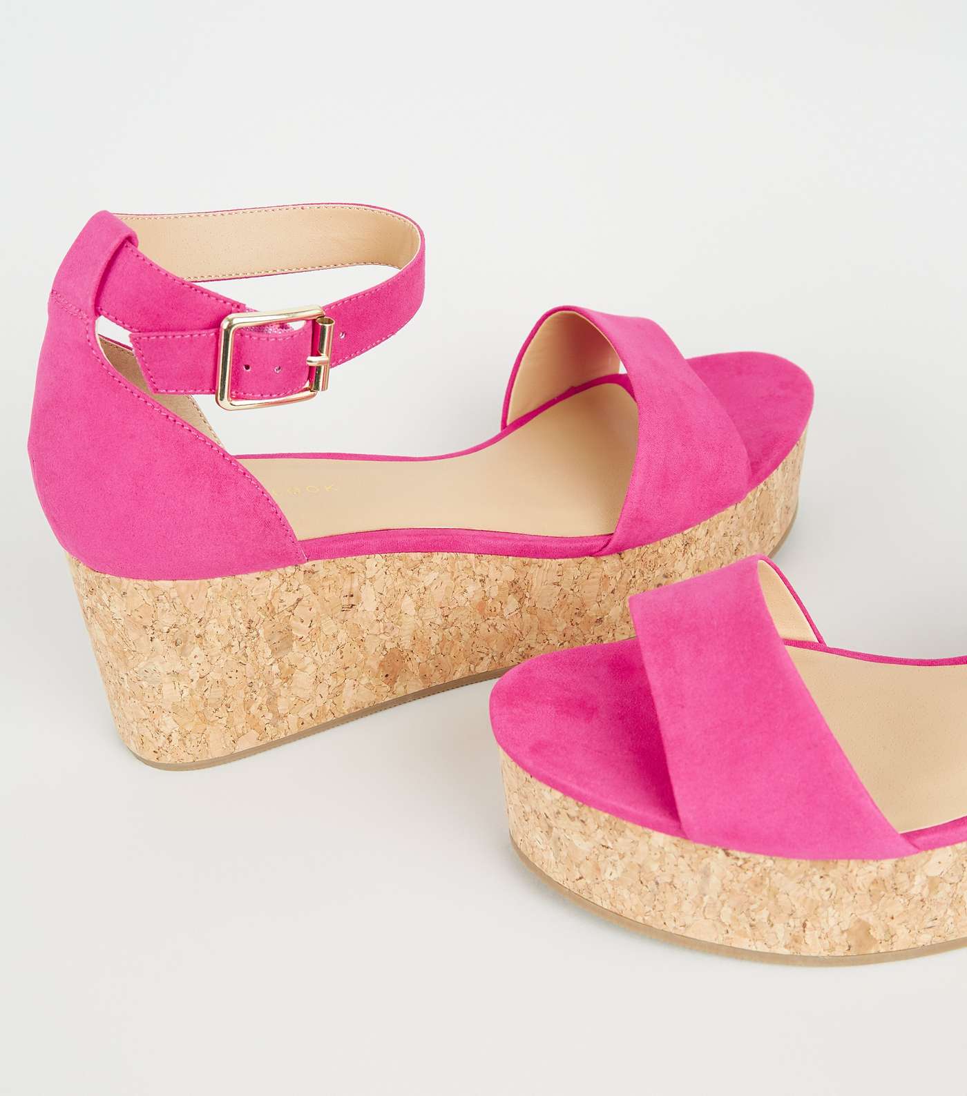 Pink Neon Ankle Strap Cork Effect Flatforms Image 3