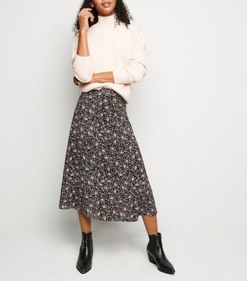 Black Ditsy Floral Midi Skirt | New Look
