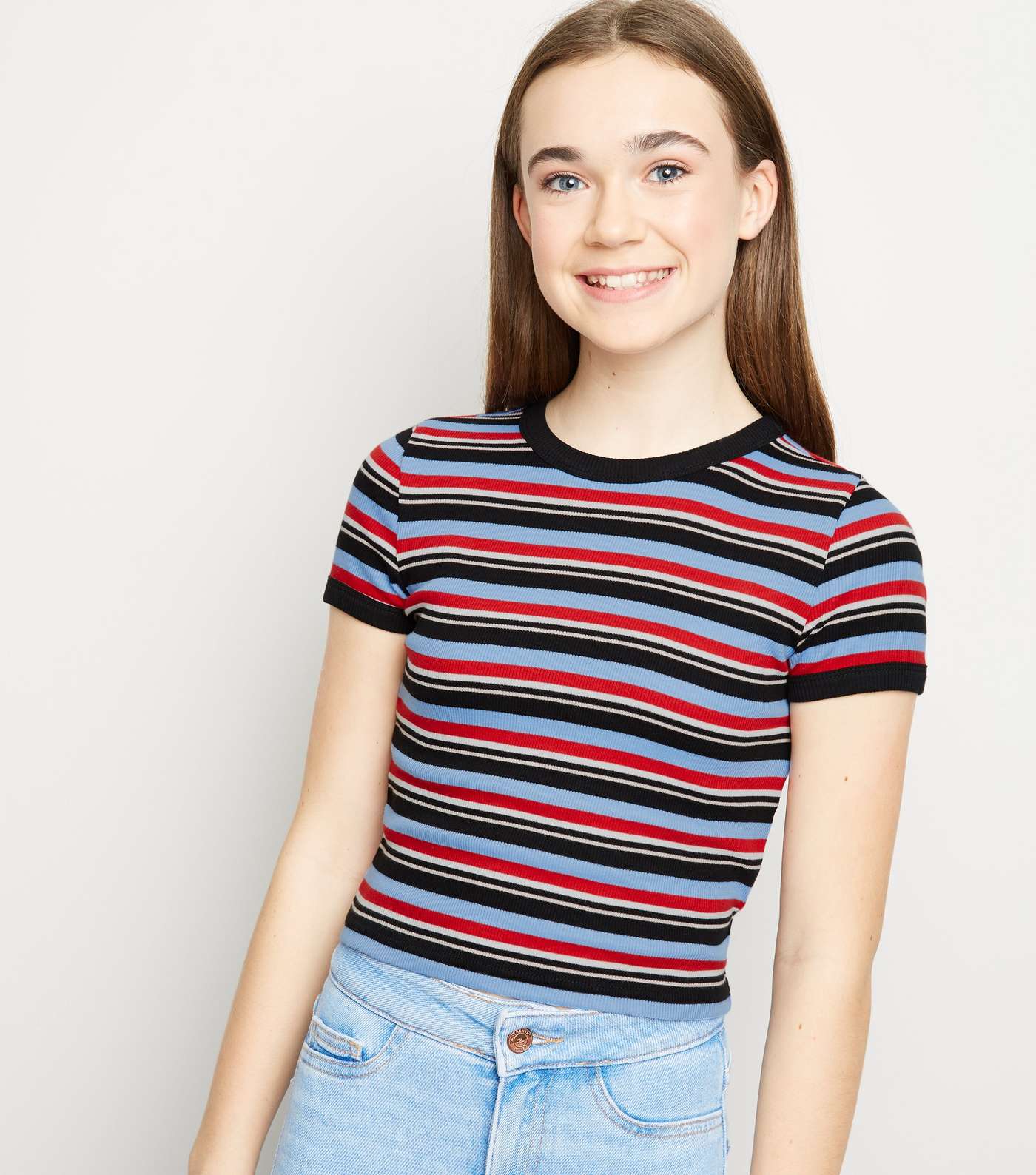 Girls Blue Multi Stripe Ribbed Ringer T-Shirt 