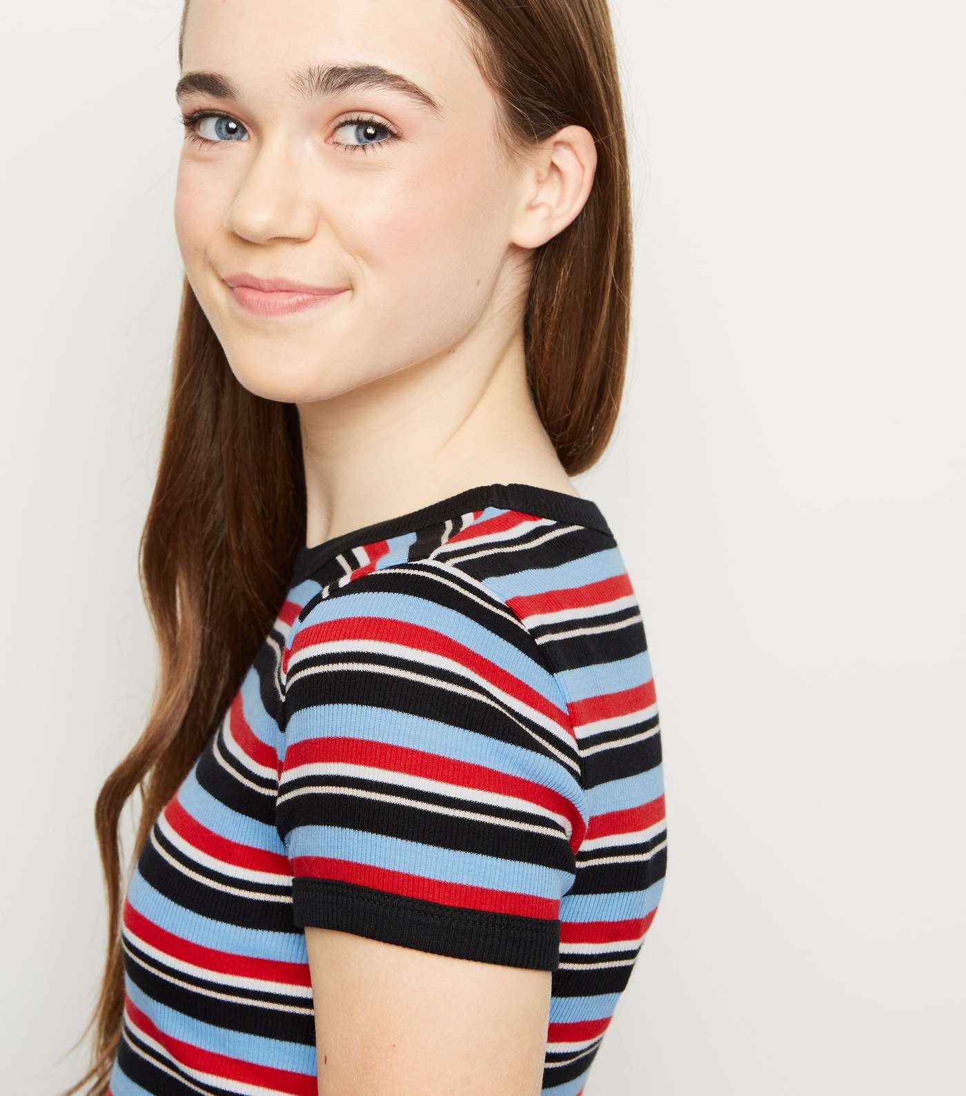 Girls Blue Multi Stripe Ribbed Ringer T-Shirt  Image 3