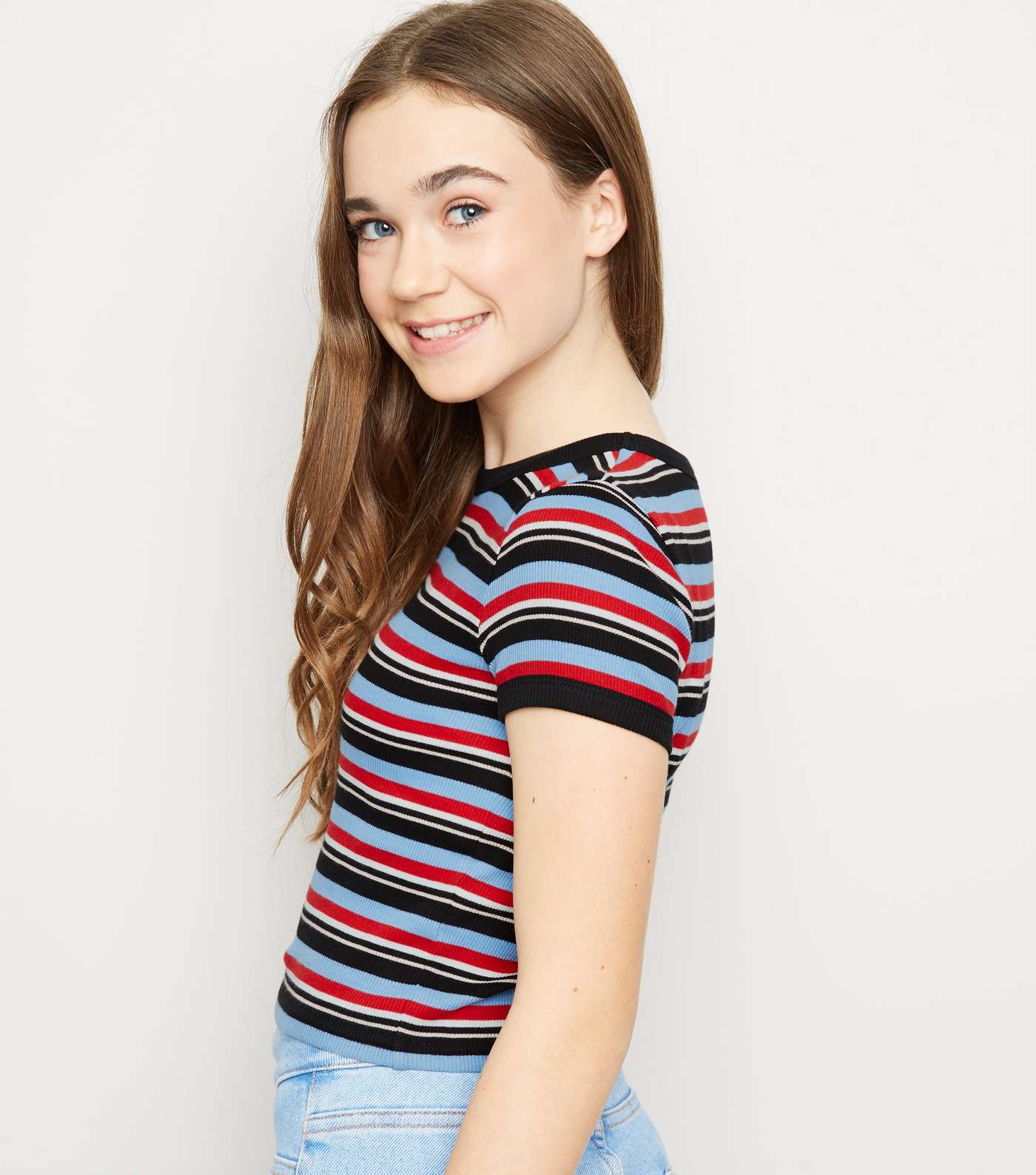 Girls Blue Multi Stripe Ribbed Ringer T-Shirt  Image 5