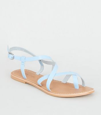 Pale Blue Leather Strappy Flat Sandals 