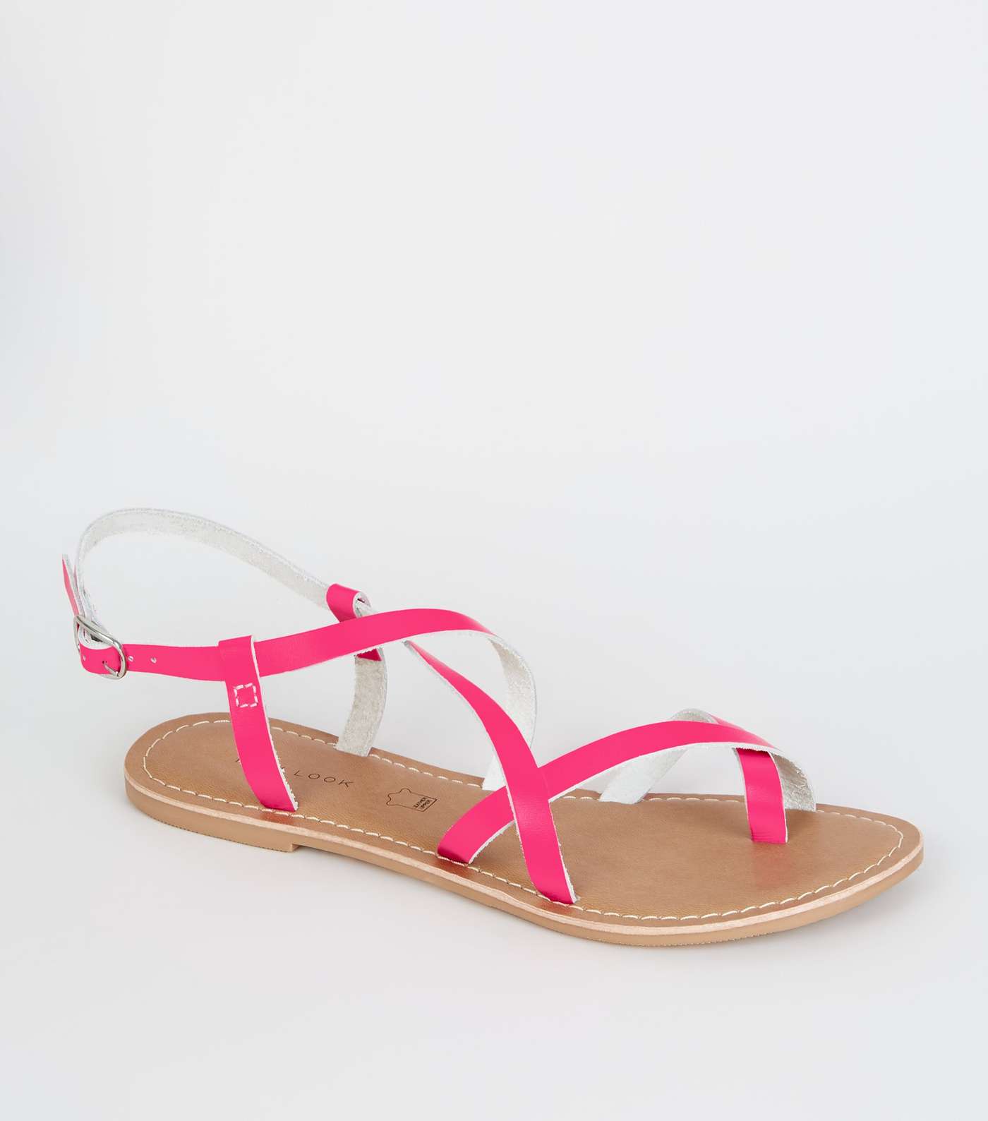 Pink Neon Leather Strappy Flat Sandals