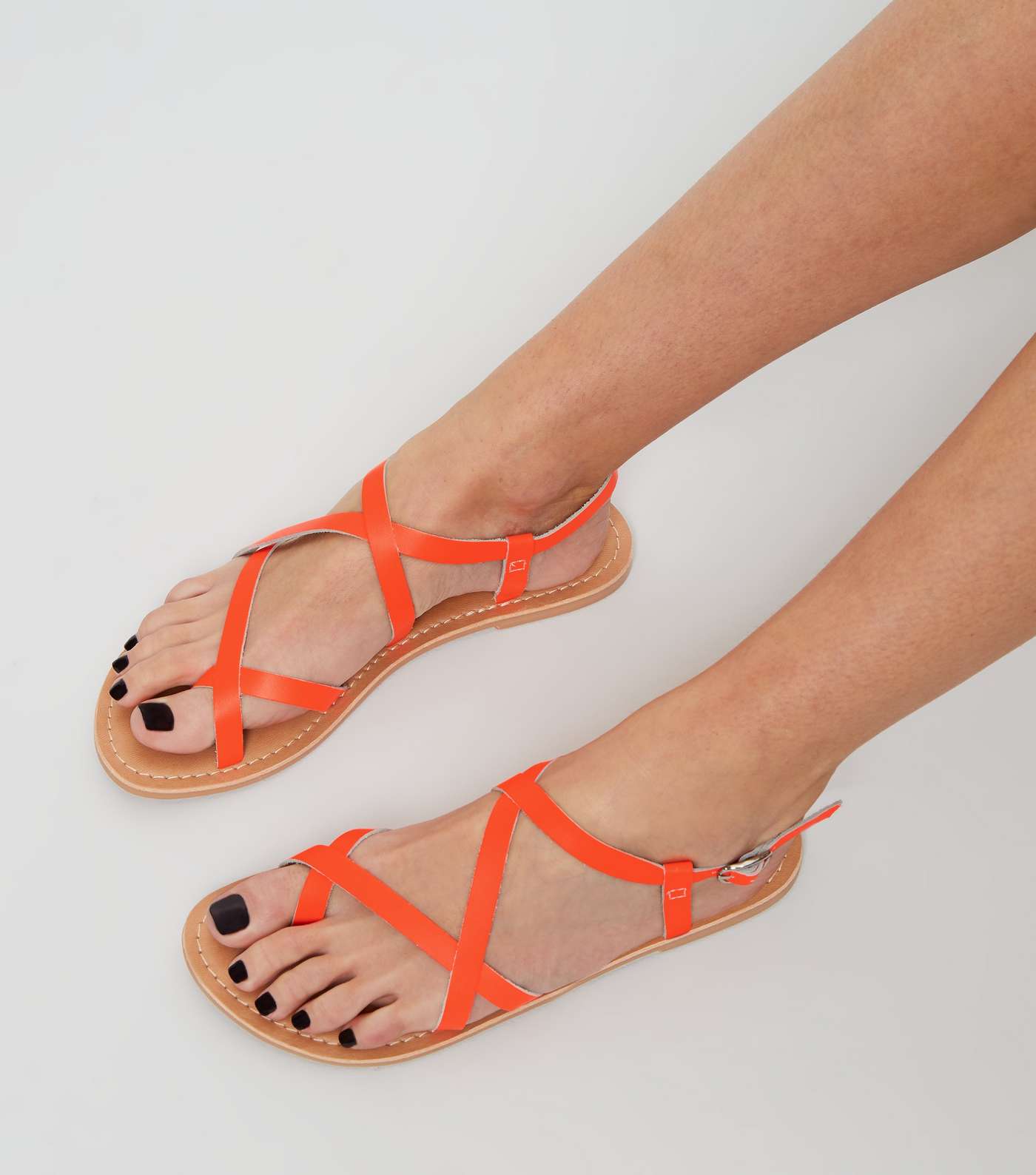 Coral Neon Leather Strappy Flat Sandals Image 2