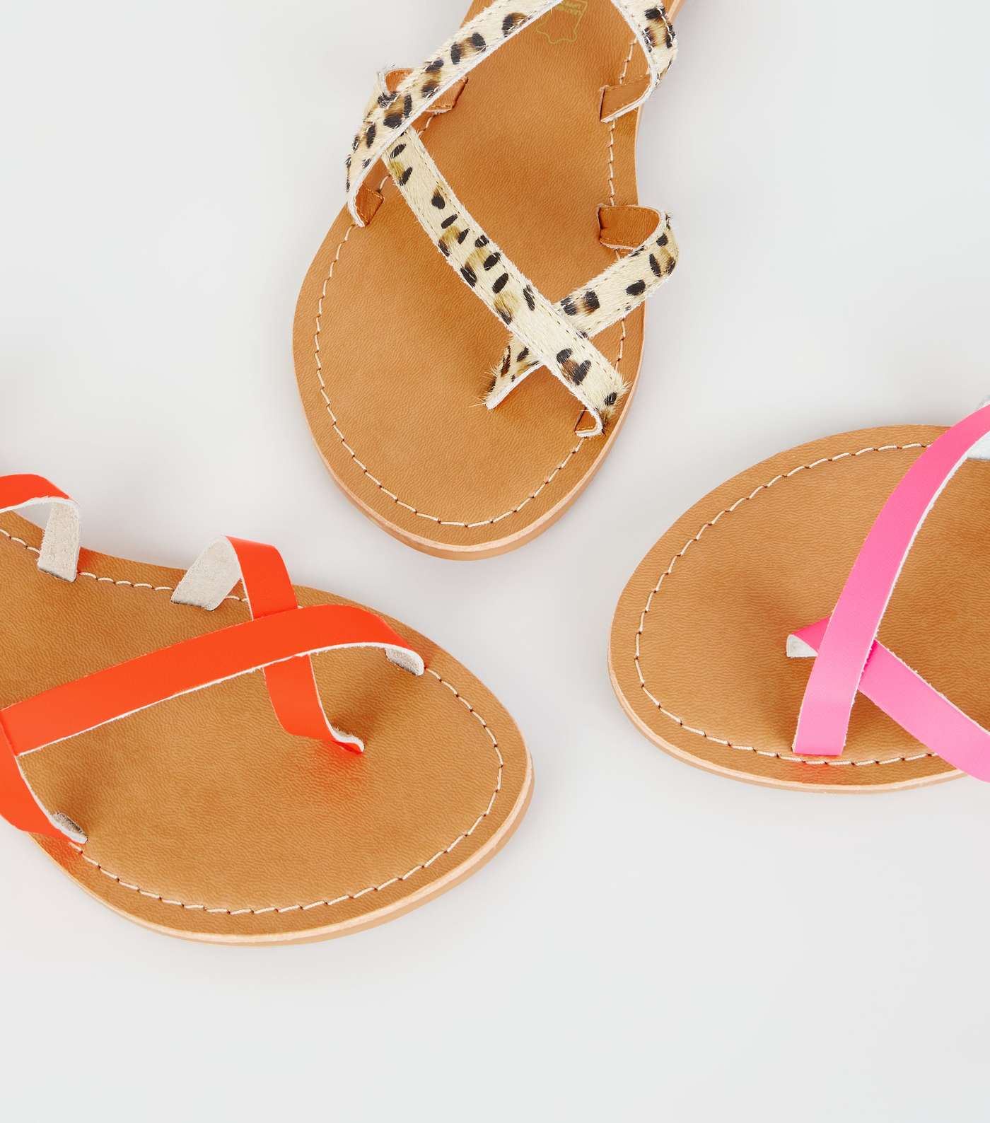 Coral Neon Leather Strappy Flat Sandals Image 4
