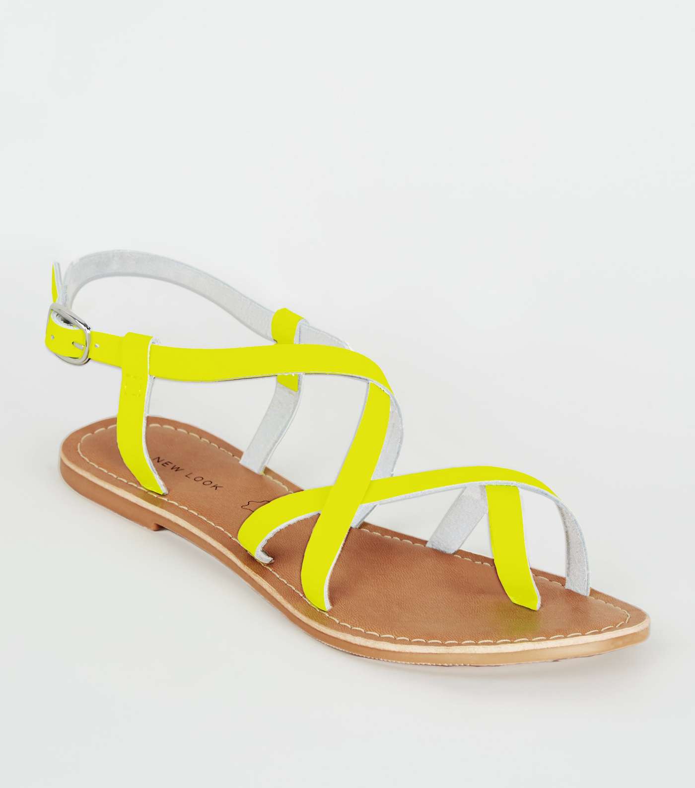 Yellow Neon Leather Strappy Flat Sandals