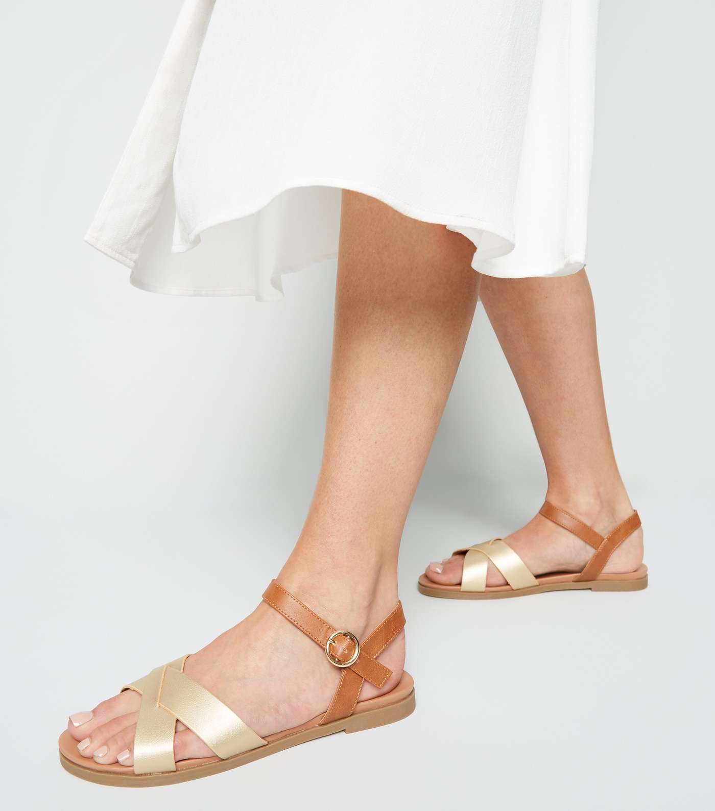 Wide Fit Gold Leather-Look Footbed Sandals Image 2