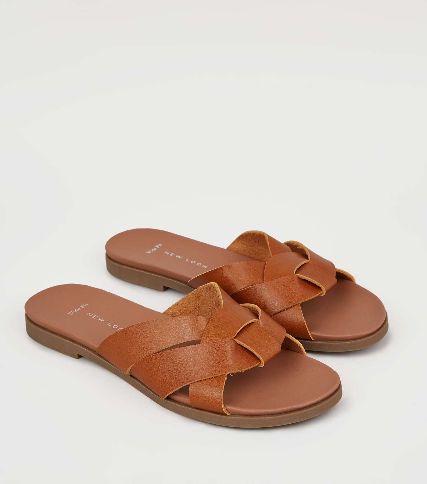 Wide Fit Tan Leather-Look Footbed Sliders  Image 3