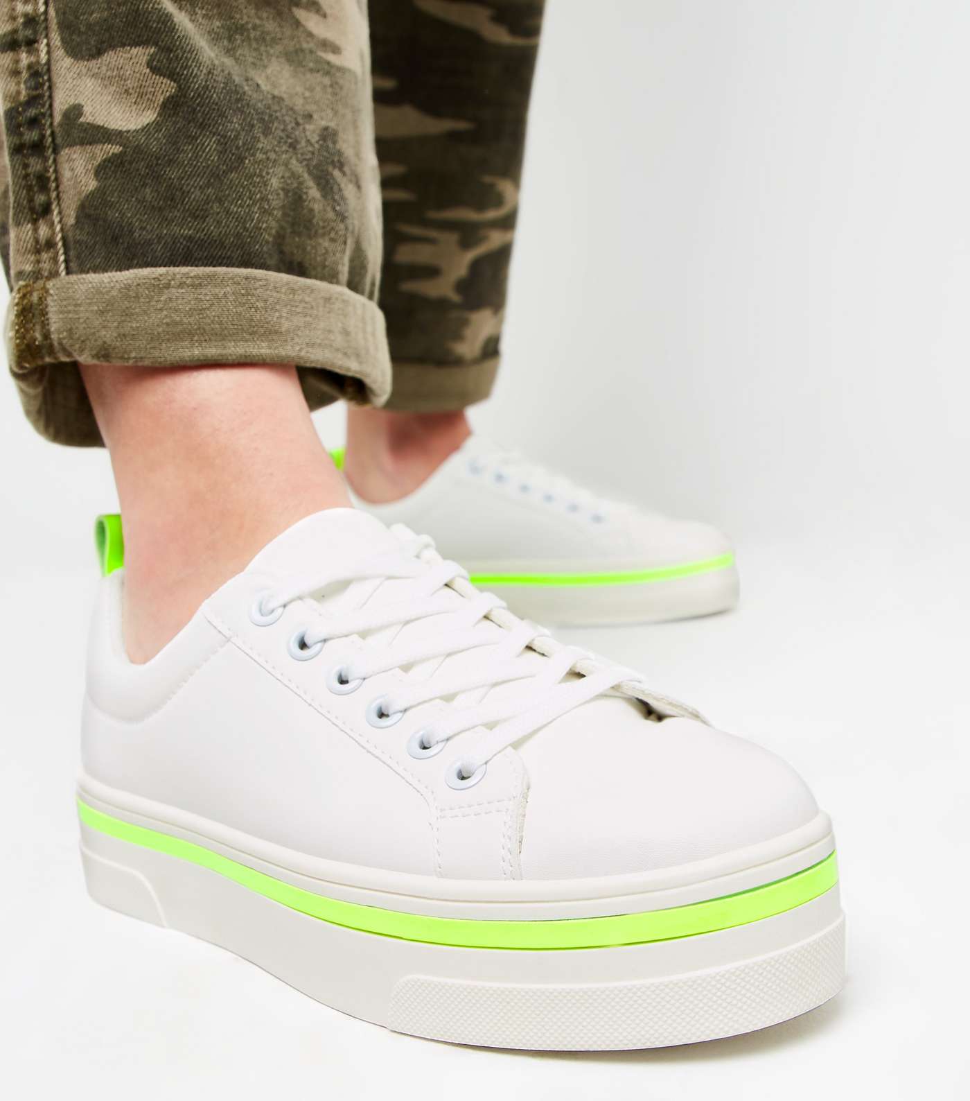 White Neon Trim Lace Up Trainers Image 2