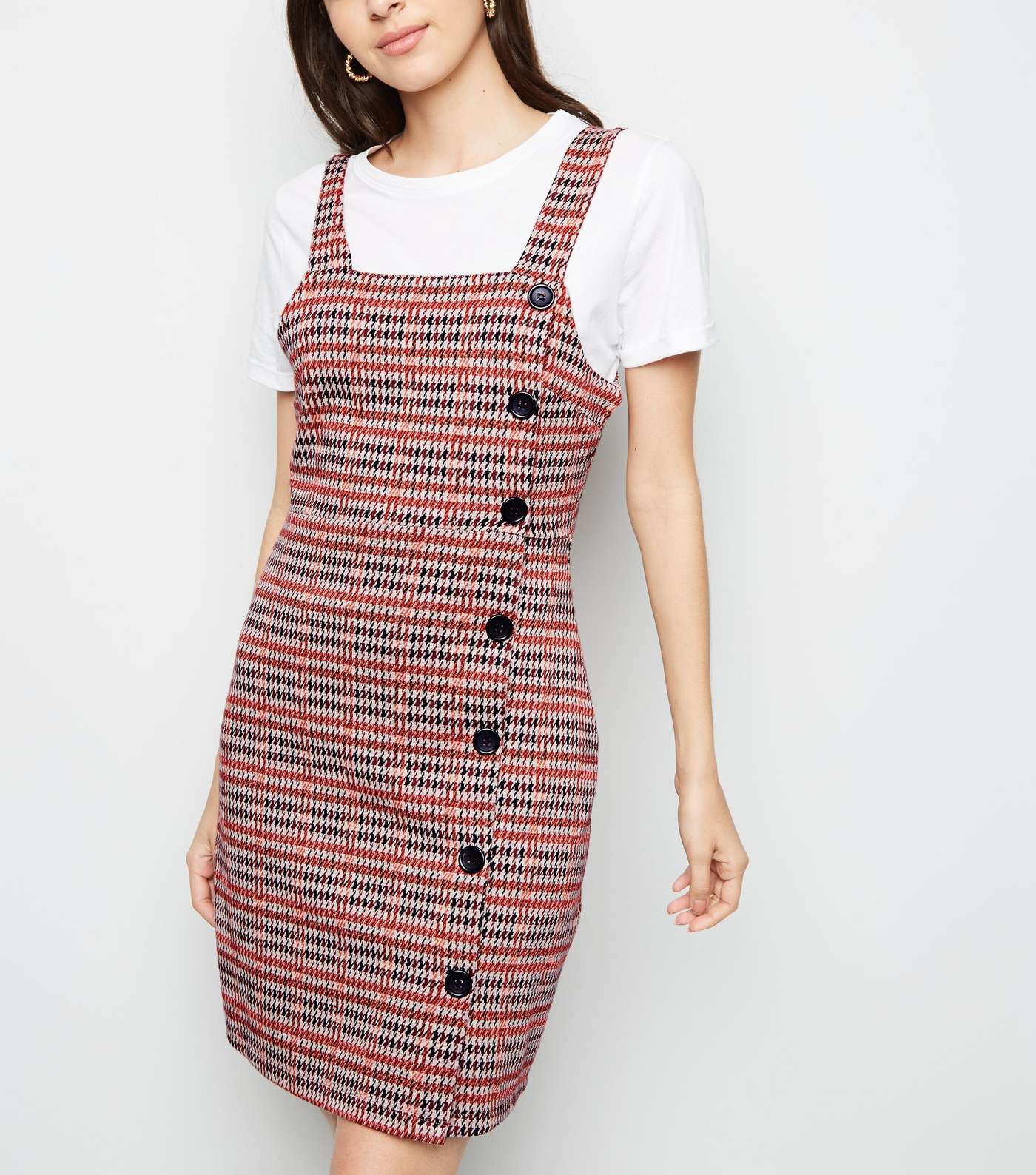 Rust Houndstooth Button Side Pinafore Dress