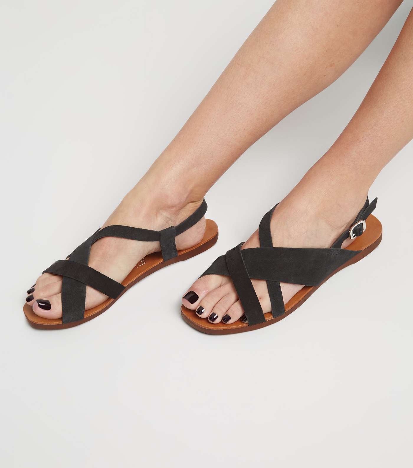 Wide Fit Black Suede Strappy Flat Sandals Image 2