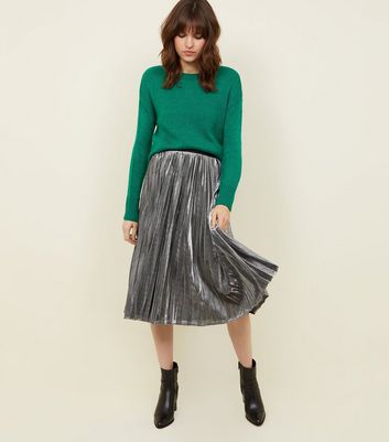 silver metallic pleated midi skirt