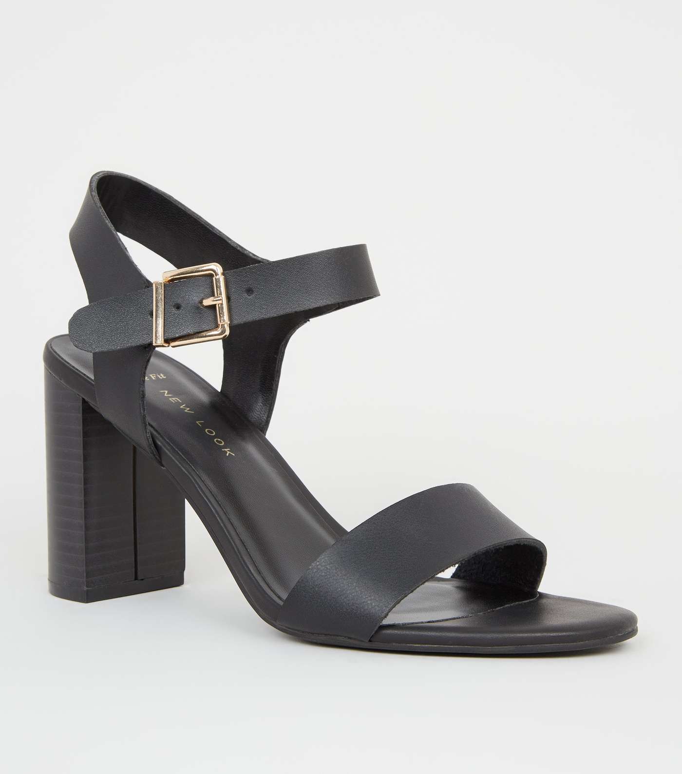 Wide Fit Black Leather-Look 2 Part Block Heels