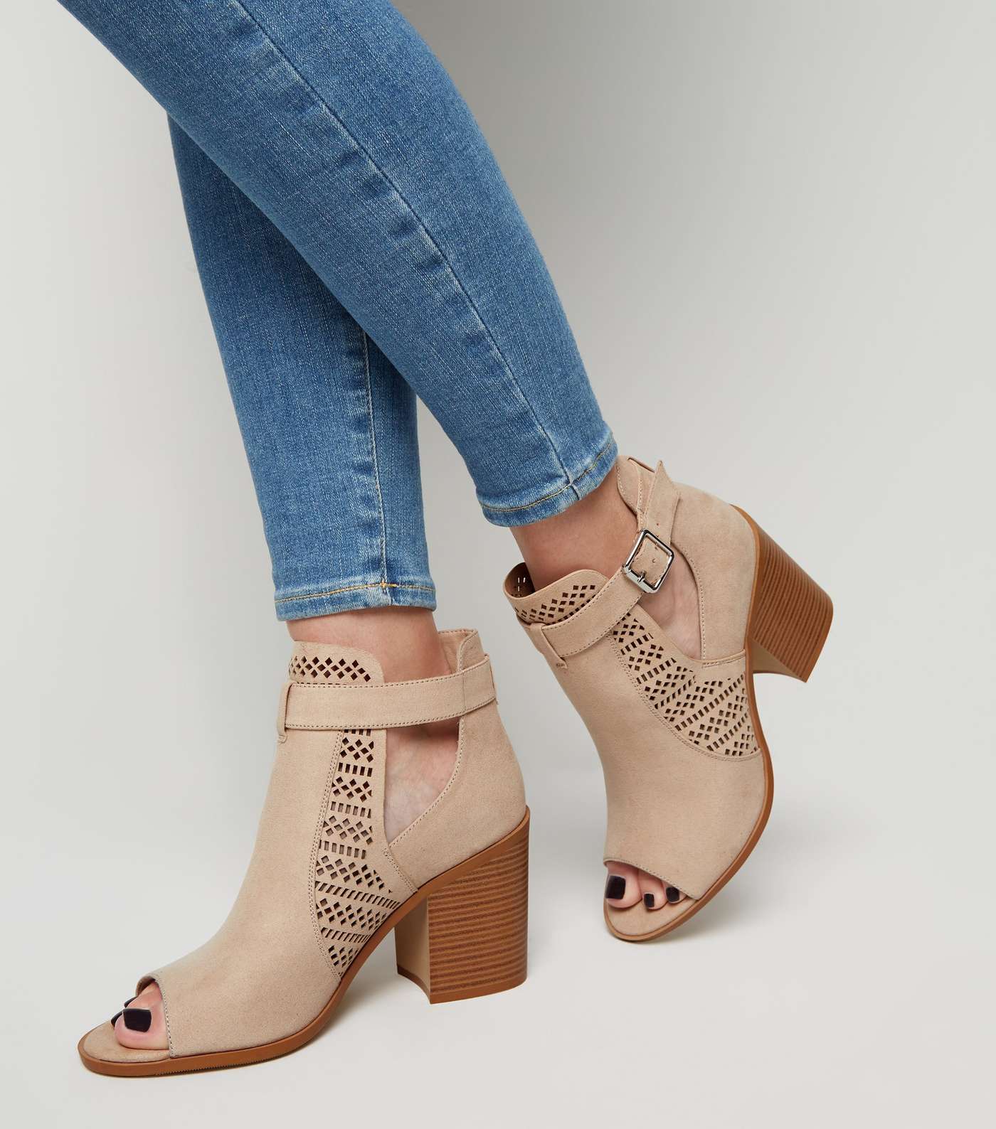 Wide Fit Nude Suedette Cut Out Block Heels Image 2