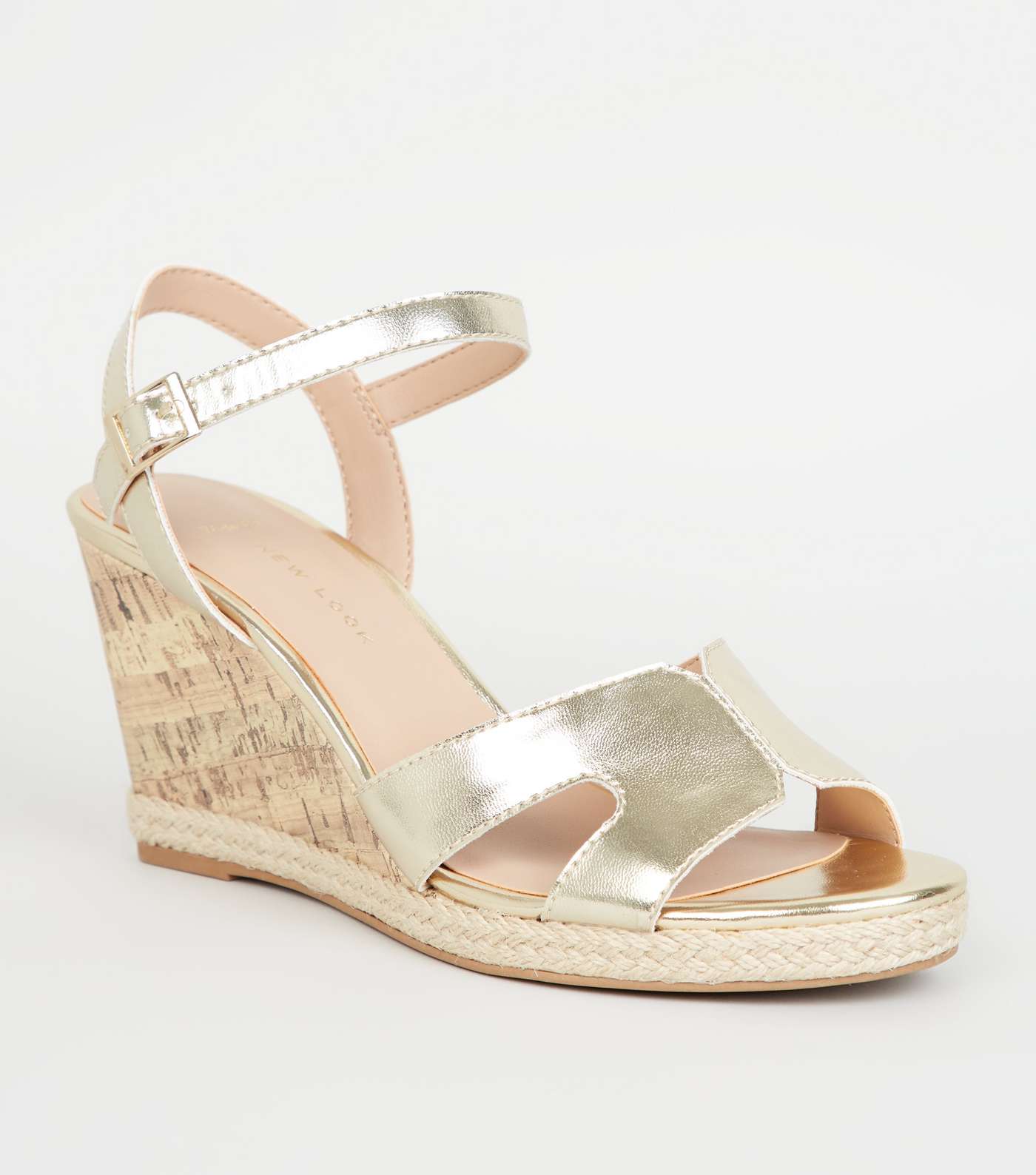 Wide Fit Gold Cork Effect Wedge Sandals