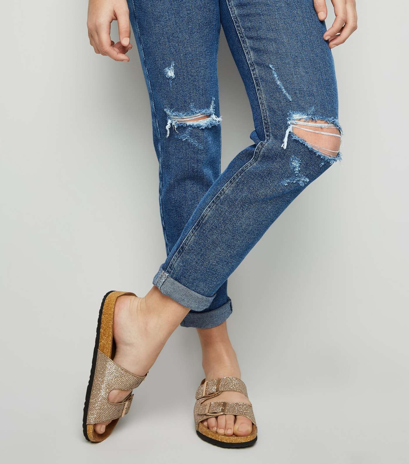 Girls Navy Stretch Ripped Mom Jeans  Image 5