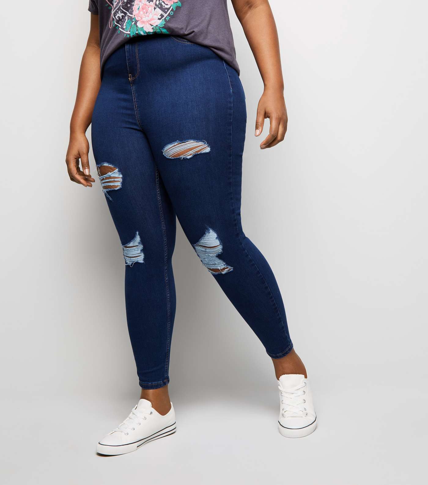 Curves Blue Ripped High Waist Super Skinny Jeans Image 2