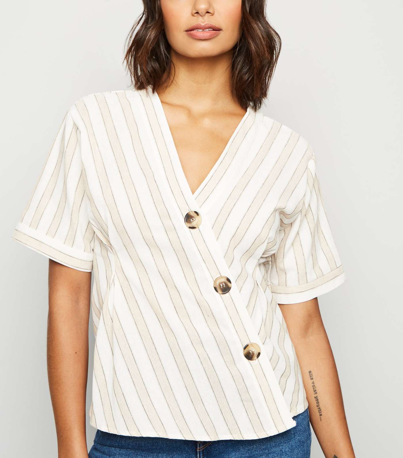 Blue Vanilla Cream Stripe Short Sleeve Asymmetric Shirt