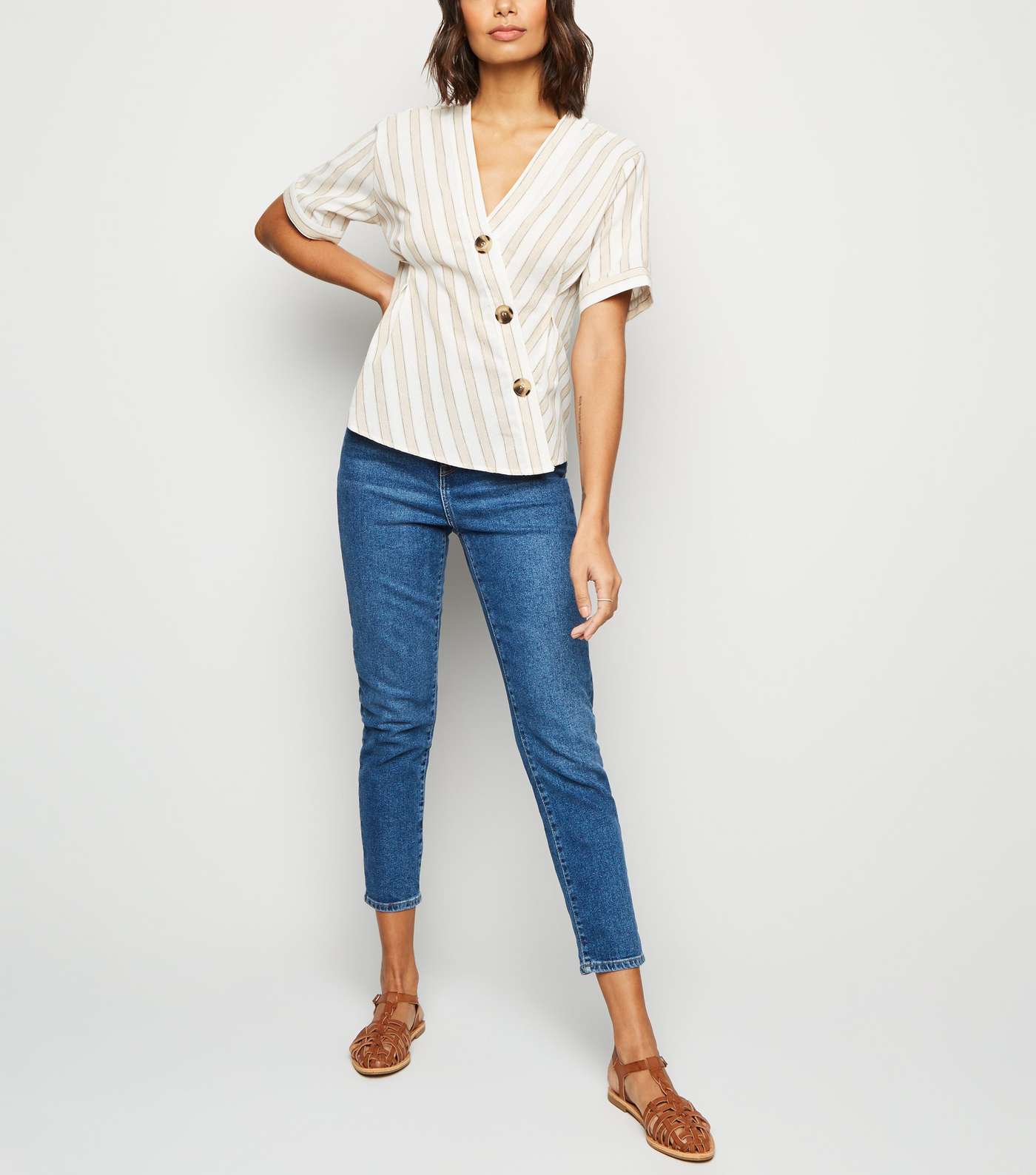 Blue Vanilla Cream Stripe Short Sleeve Asymmetric Shirt Image 3