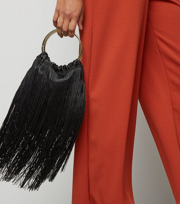Black Fringed Metal Handle Pouch Bag New Look