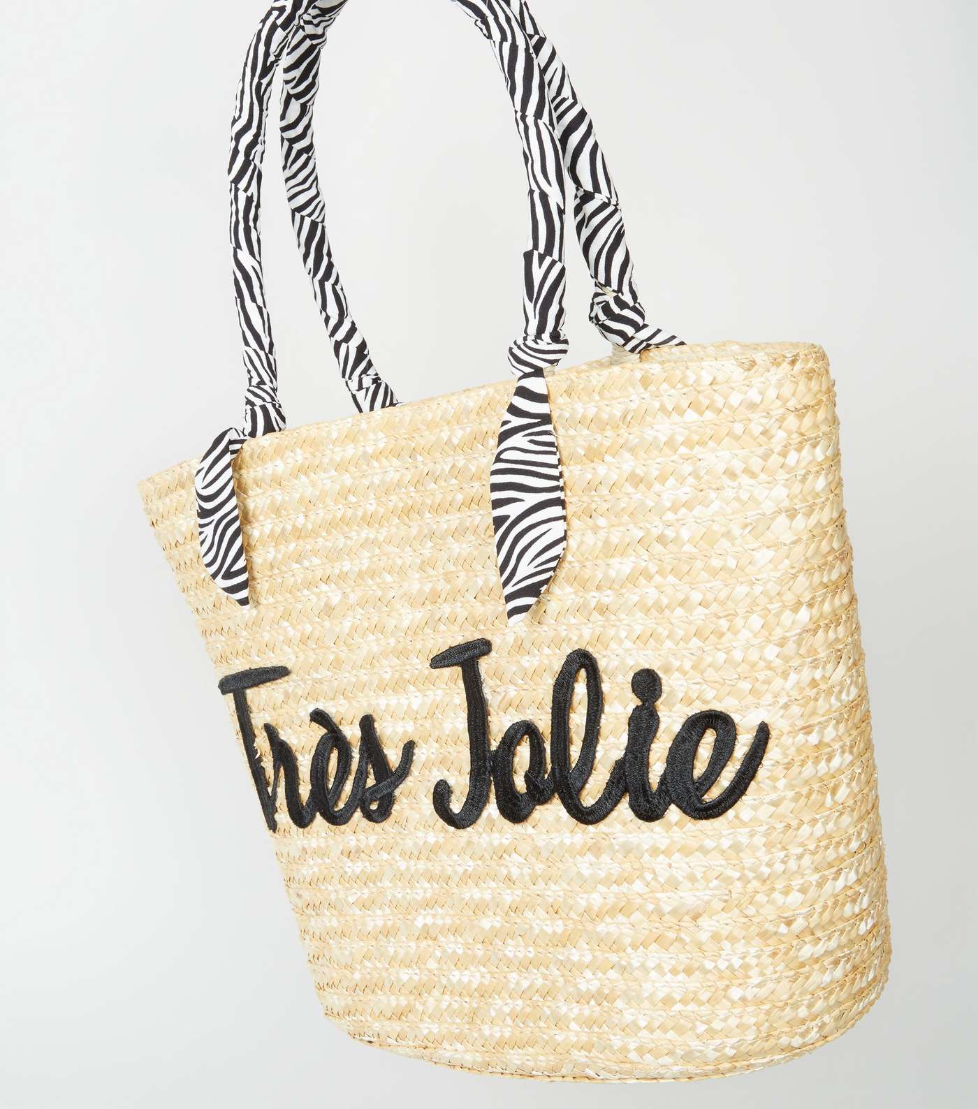 Stone Woven Straw Effect Trés Jolie Slogan Tote Bag Image 3