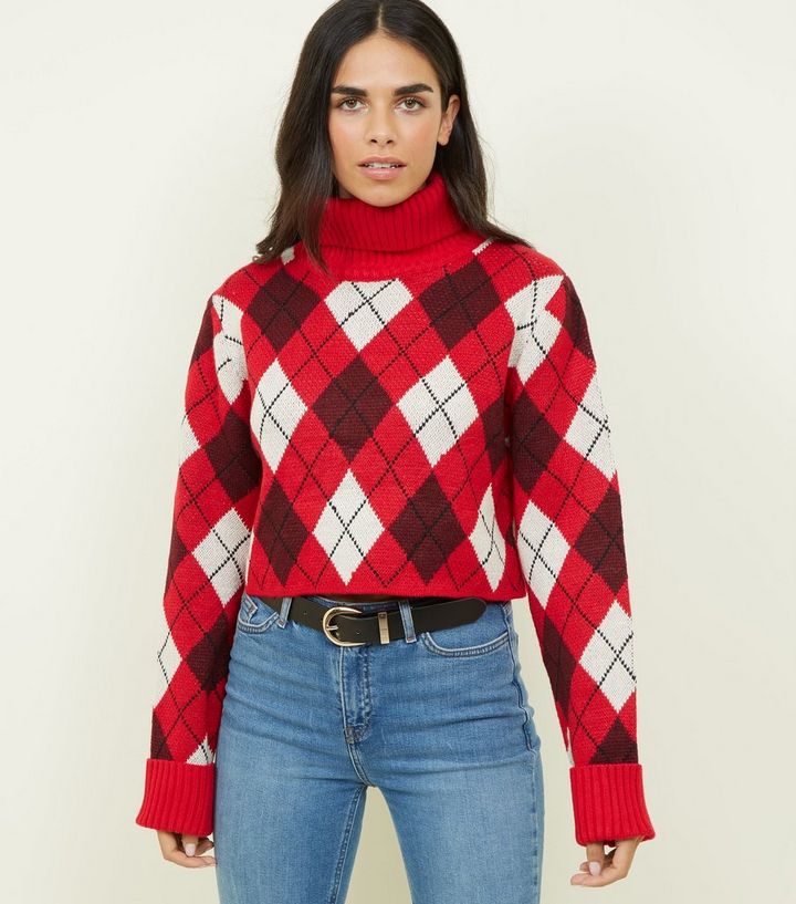 New Look: Cameo Rose Red Geometric Roll Neck Jumper
