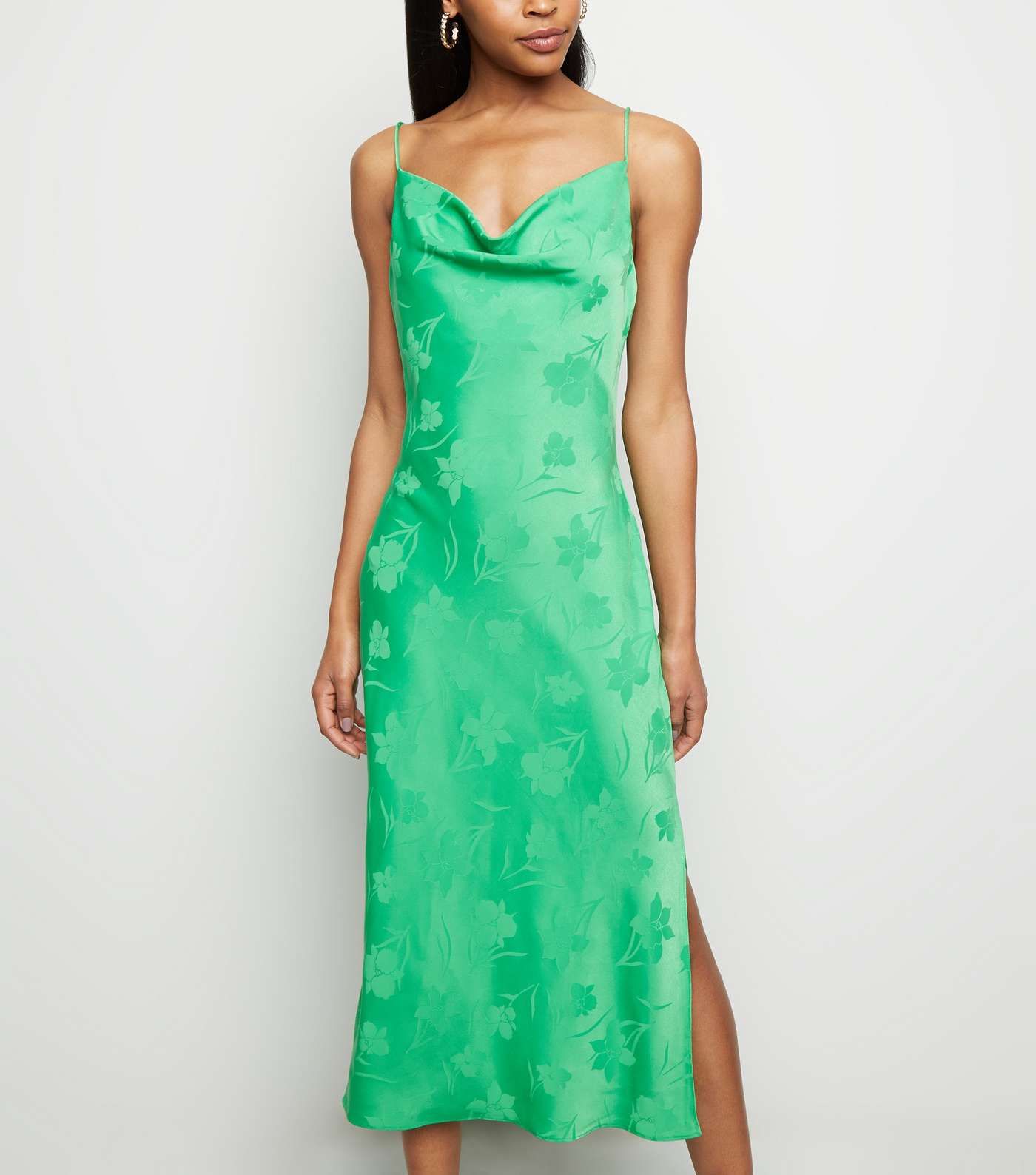 Green Floral Satin Cowl Neck Midi Dress Image 2