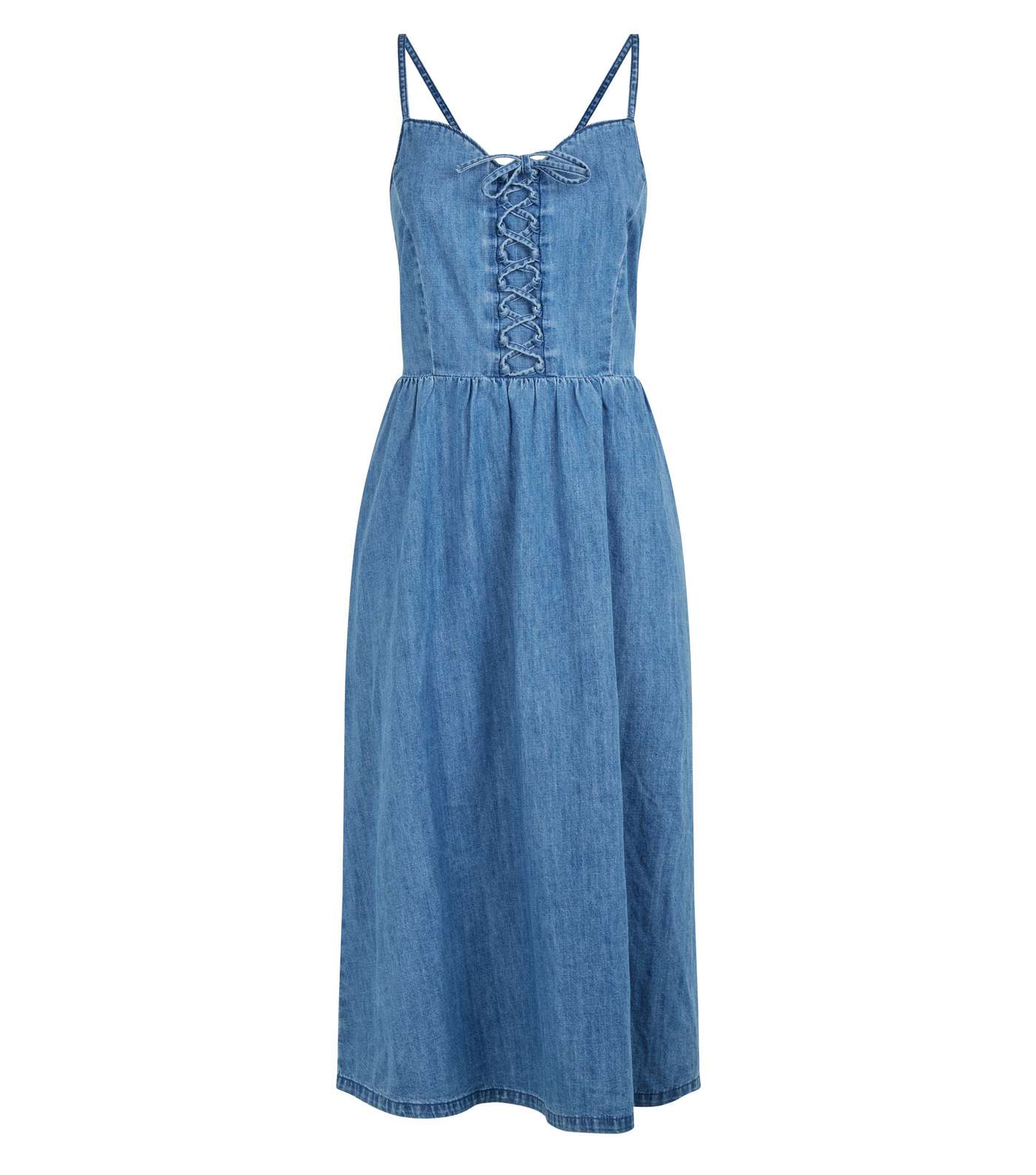 Blue Lace Up Denim Midi Dress  Image 4