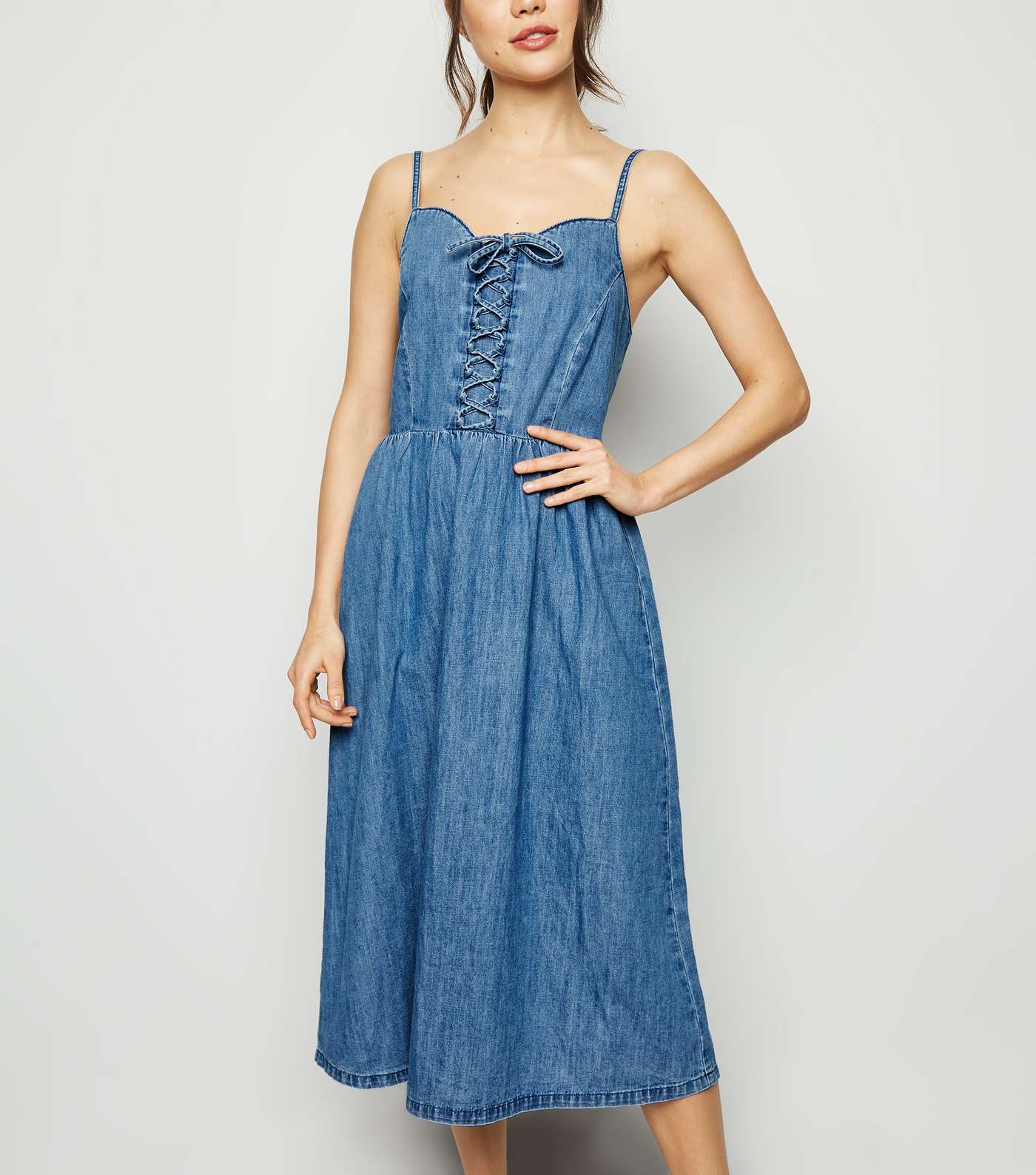 Blue Lace Up Denim Midi Dress  Image 2