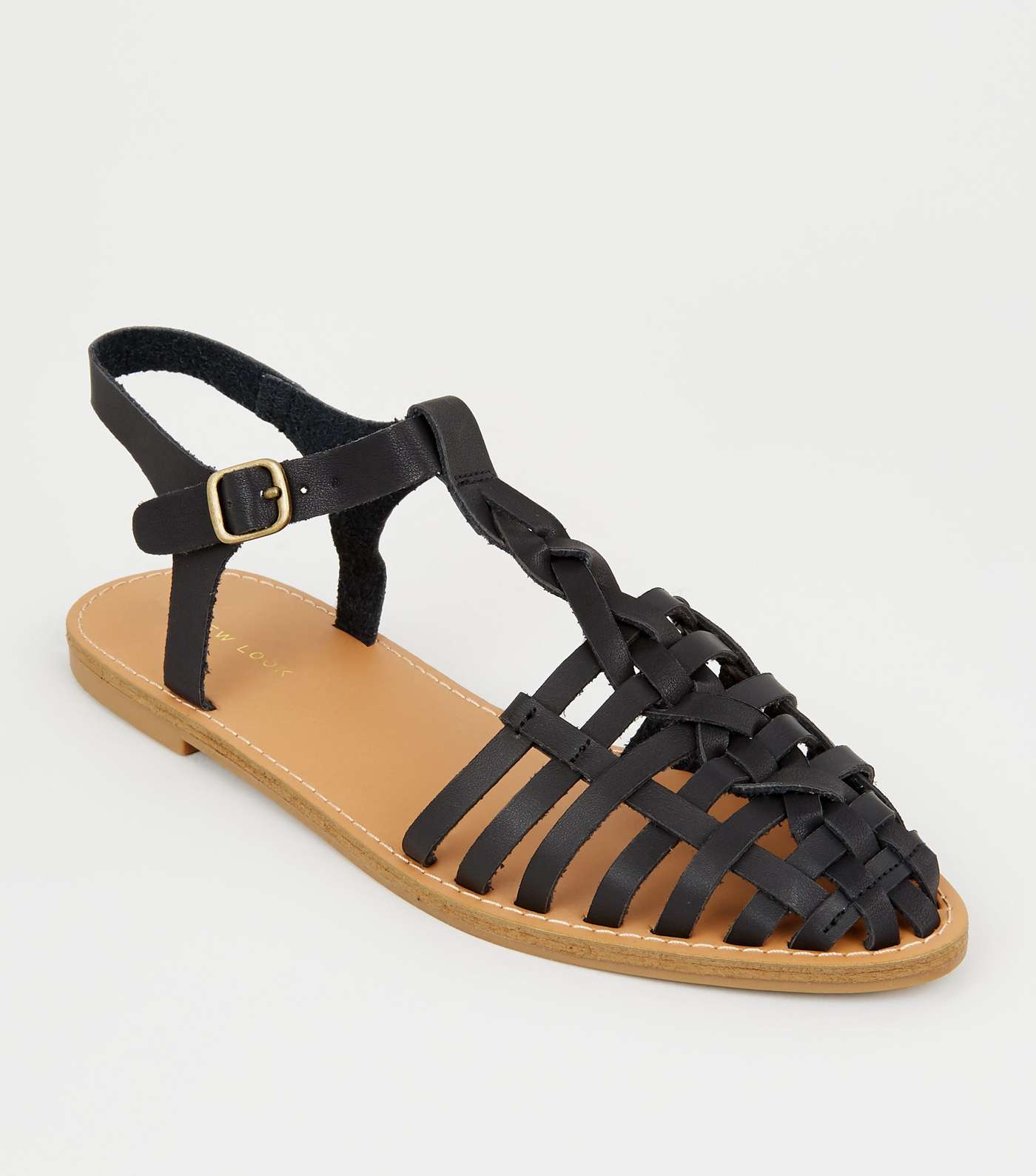 Black Leather-Look T-Bar Caged Sandals