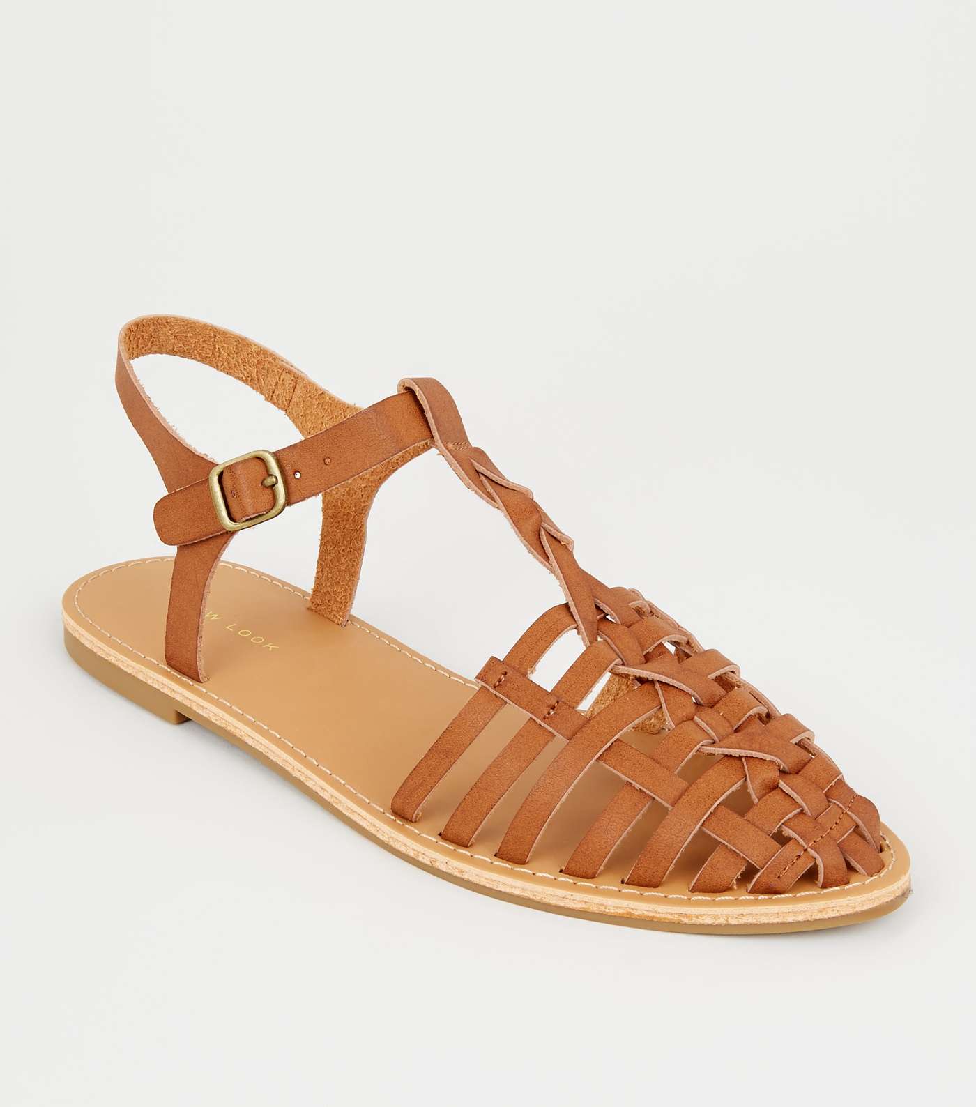 Tan Leather-Look Woven T-Bar Caged Sandals